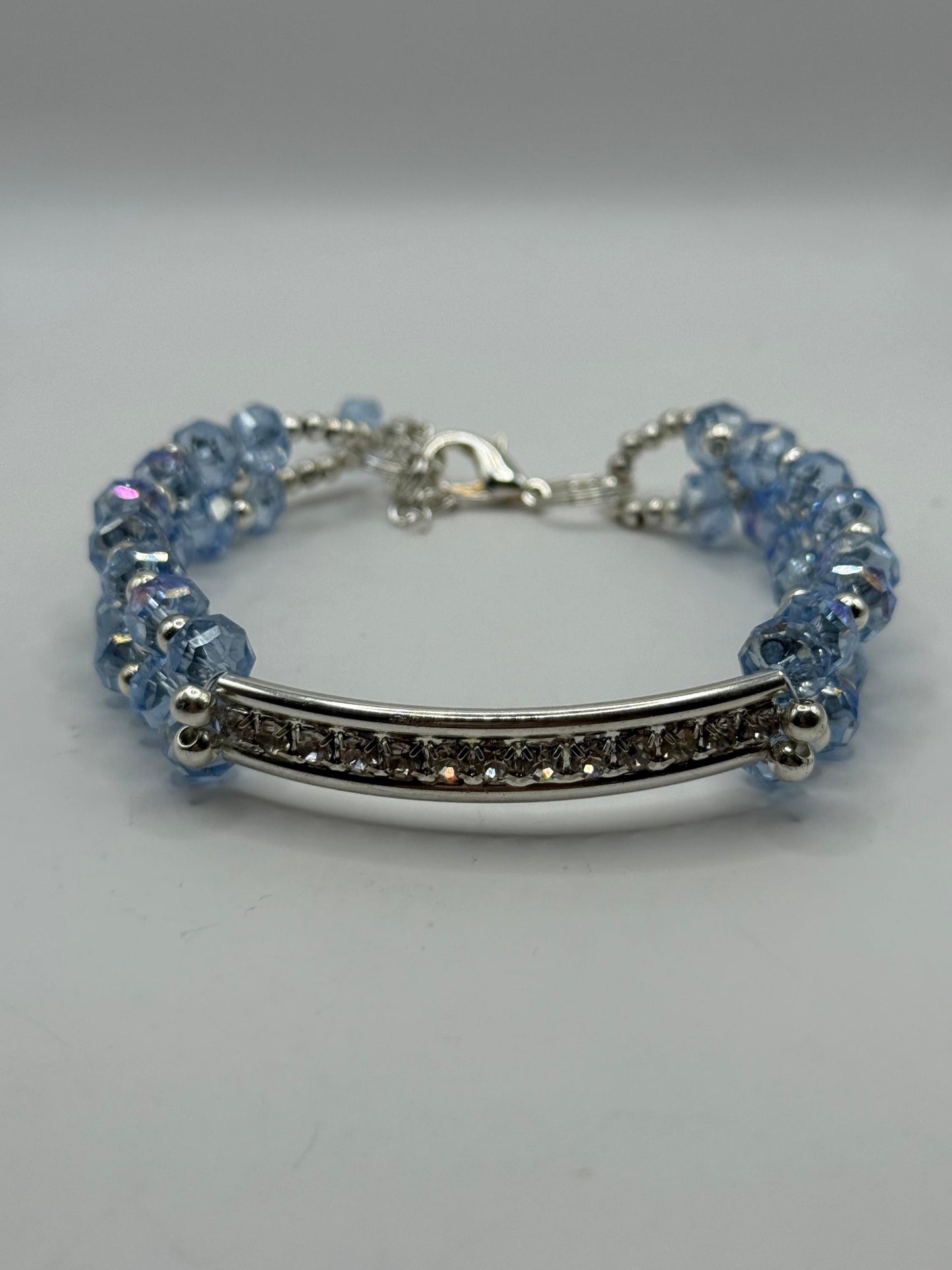 Sky Blue Crystal Bar Bracelet: Rhinestone Silver, Adjustable 7.5"
