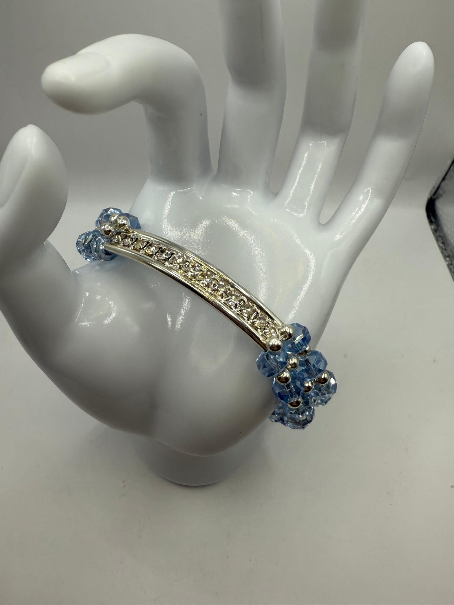 Sky Blue Crystal Bar Bracelet: Rhinestone Silver, Adjustable 7.5"