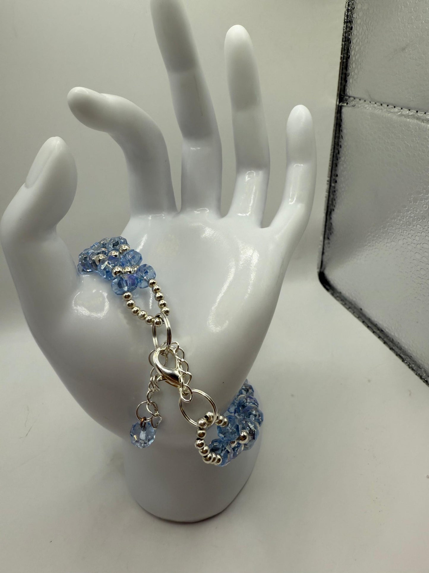 Sky Blue Crystal Bar Bracelet: Rhinestone Silver, Adjustable 7.5"