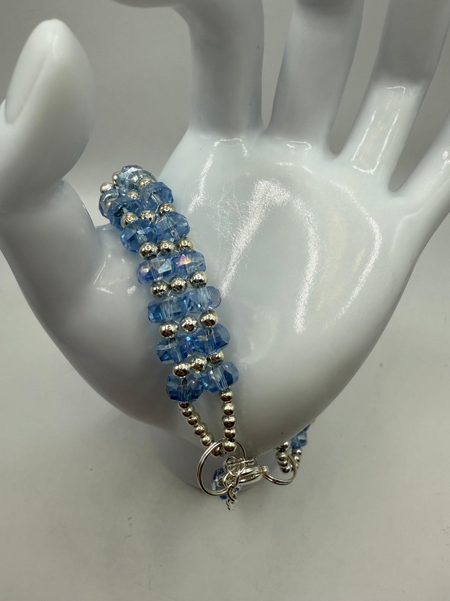 Sky Blue Crystal Bar Bracelet: Rhinestone Silver, Adjustable 7.5"