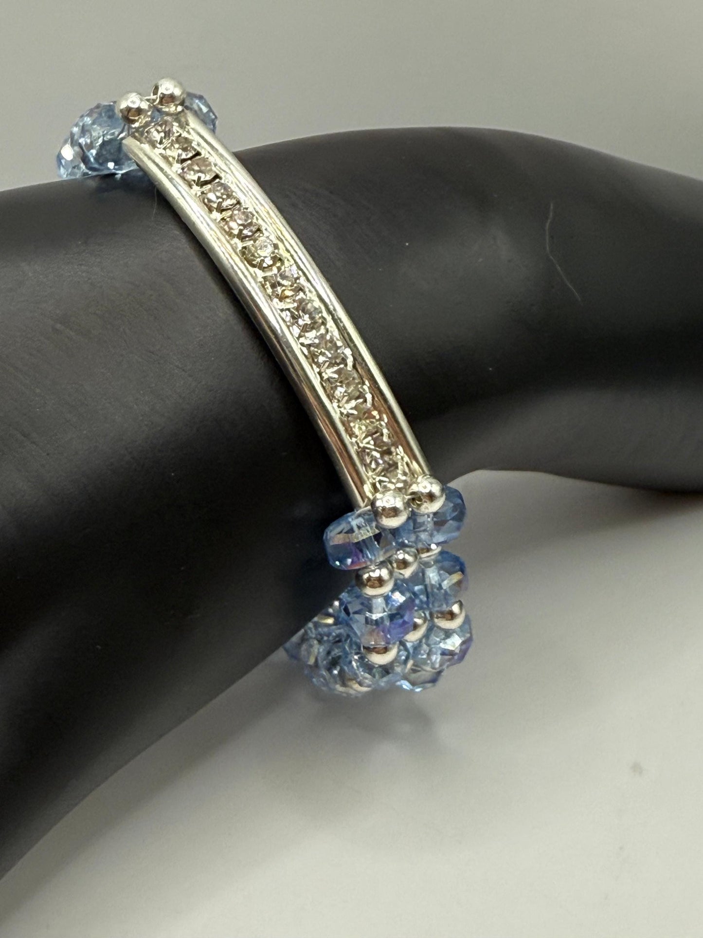Sky Blue Crystal Bar Bracelet: Rhinestone Silver, Adjustable 7.5"