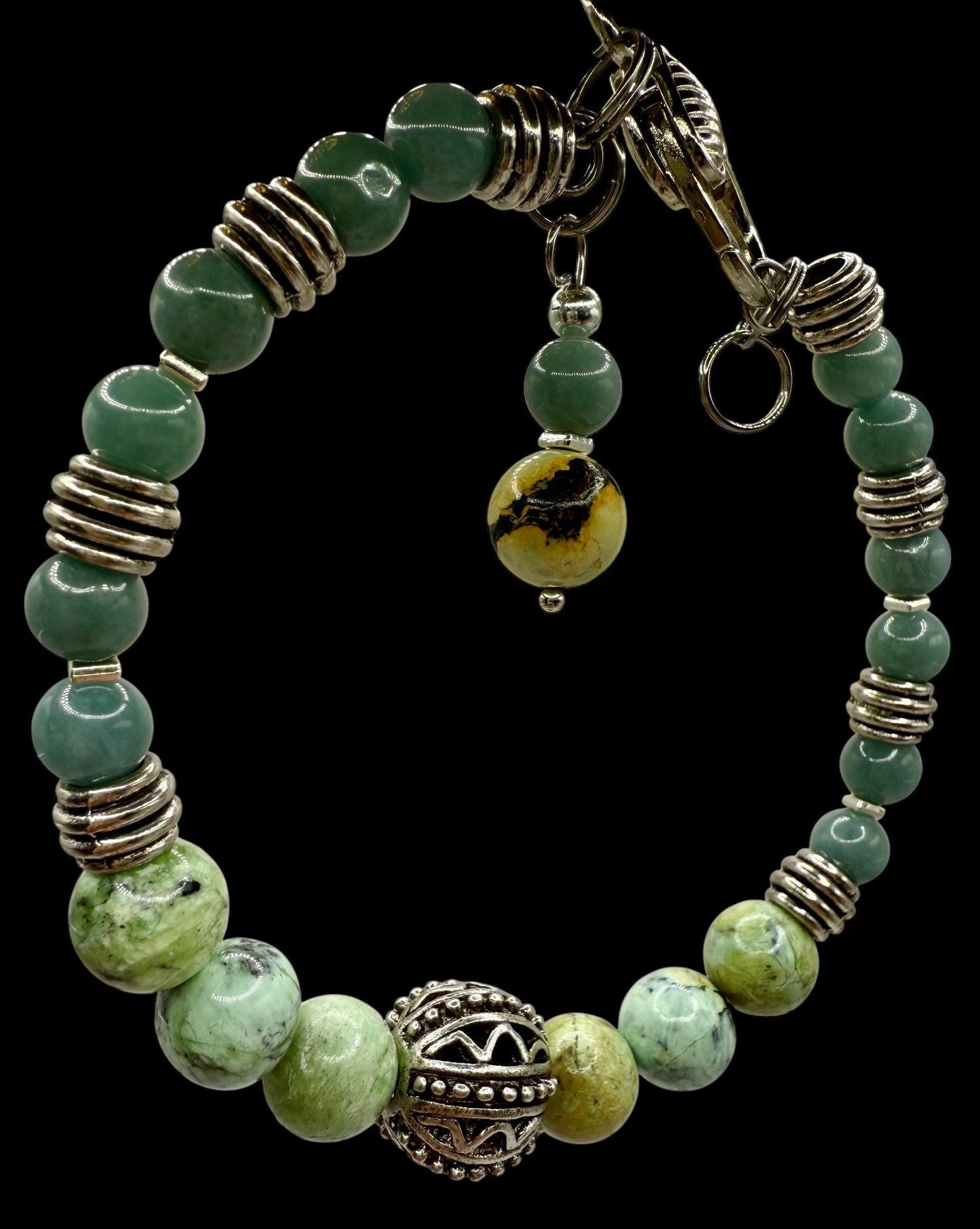 Handmade Variscite & Jade Bracelet: Healing Crystal Energy, Adjustable 7.75"