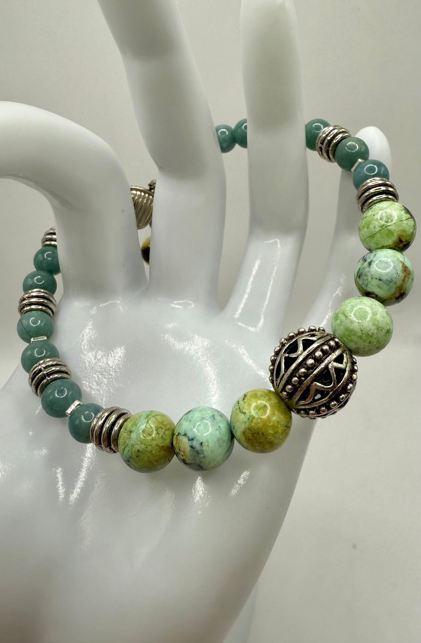 Handmade Variscite & Jade Bracelet: Healing Crystal Energy, Adjustable 7.75"