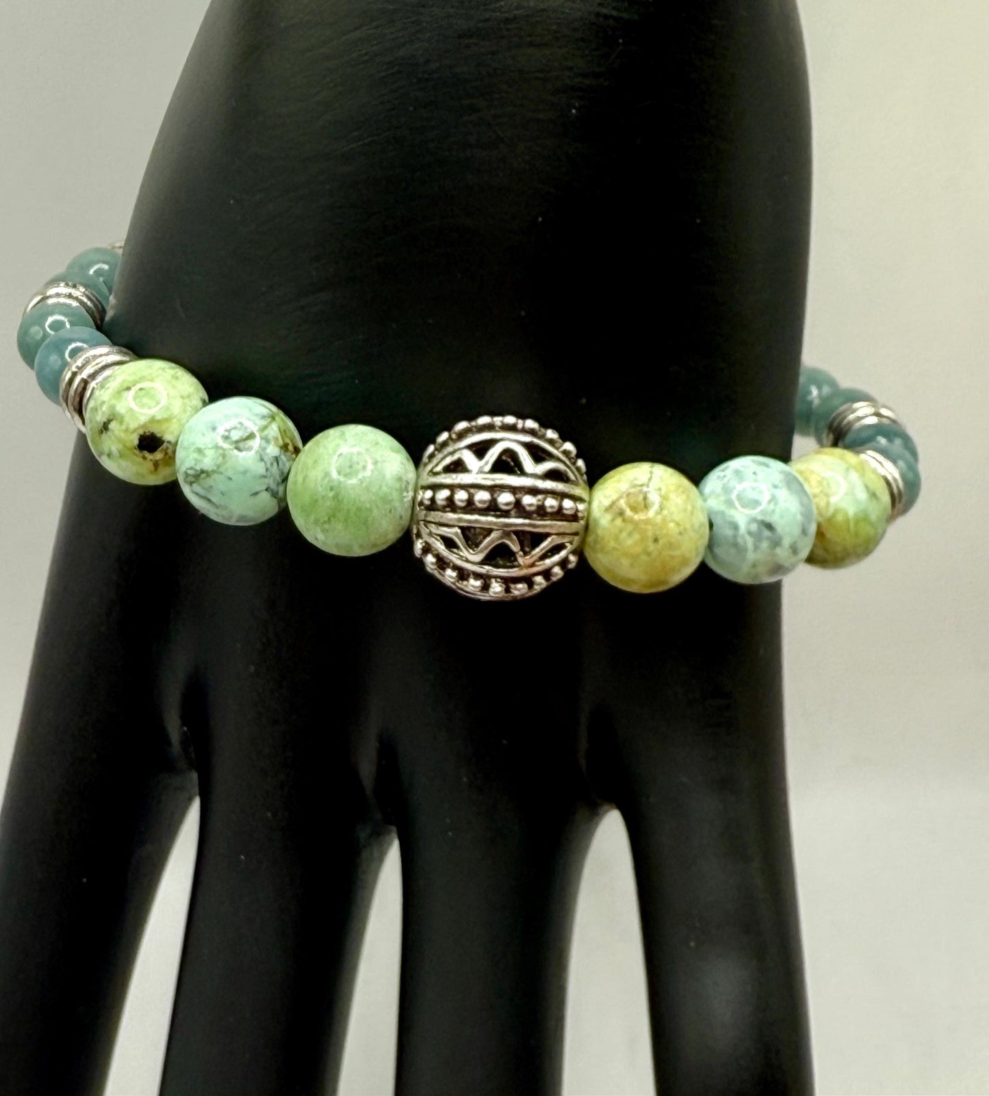 Handmade Variscite & Jade Bracelet: Healing Crystal Energy, Adjustable 7.75"