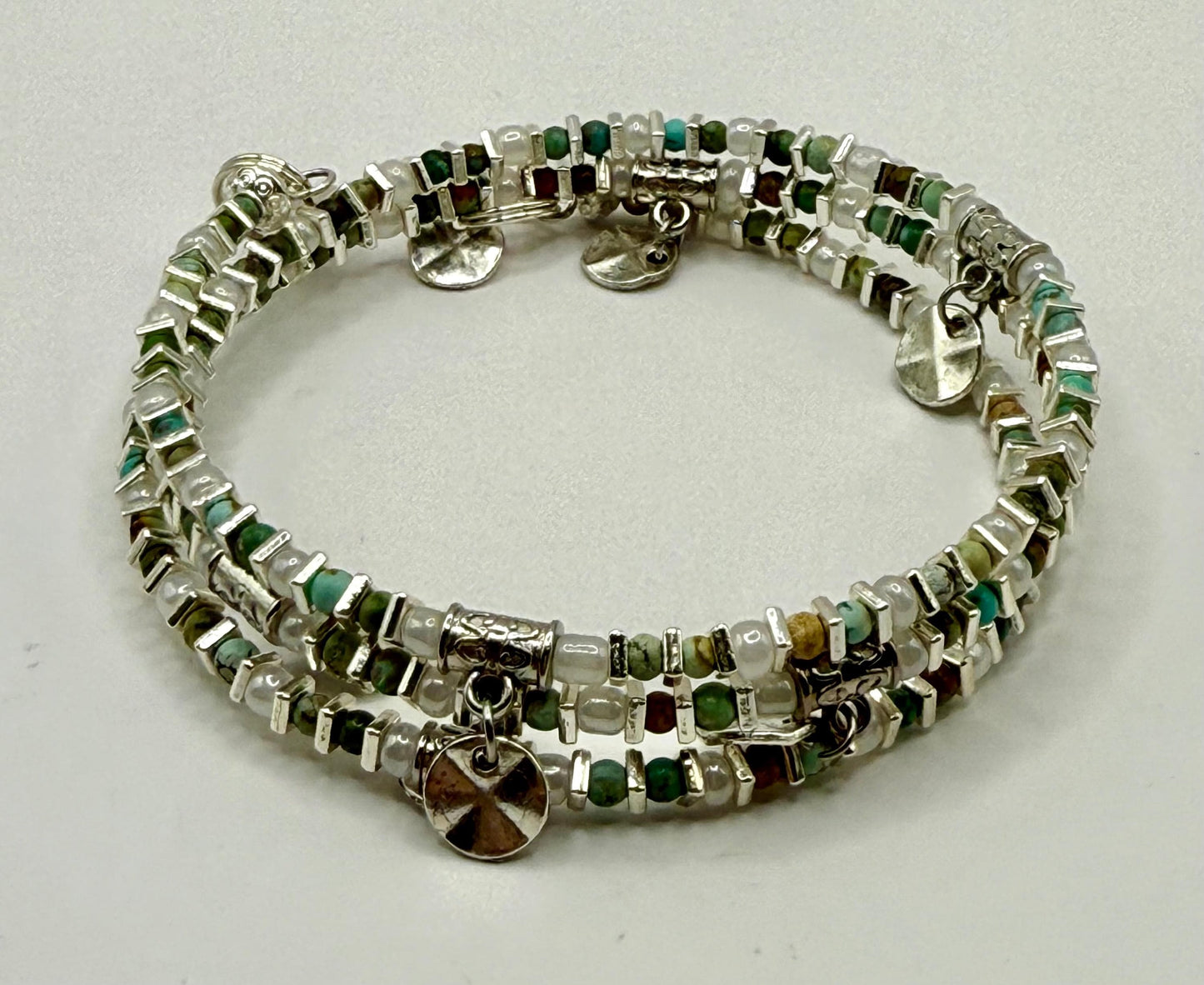 Glass Bead Wrap Bracelet with Silver Charms – Boho Layered Look, Handmade Jewelry Gift