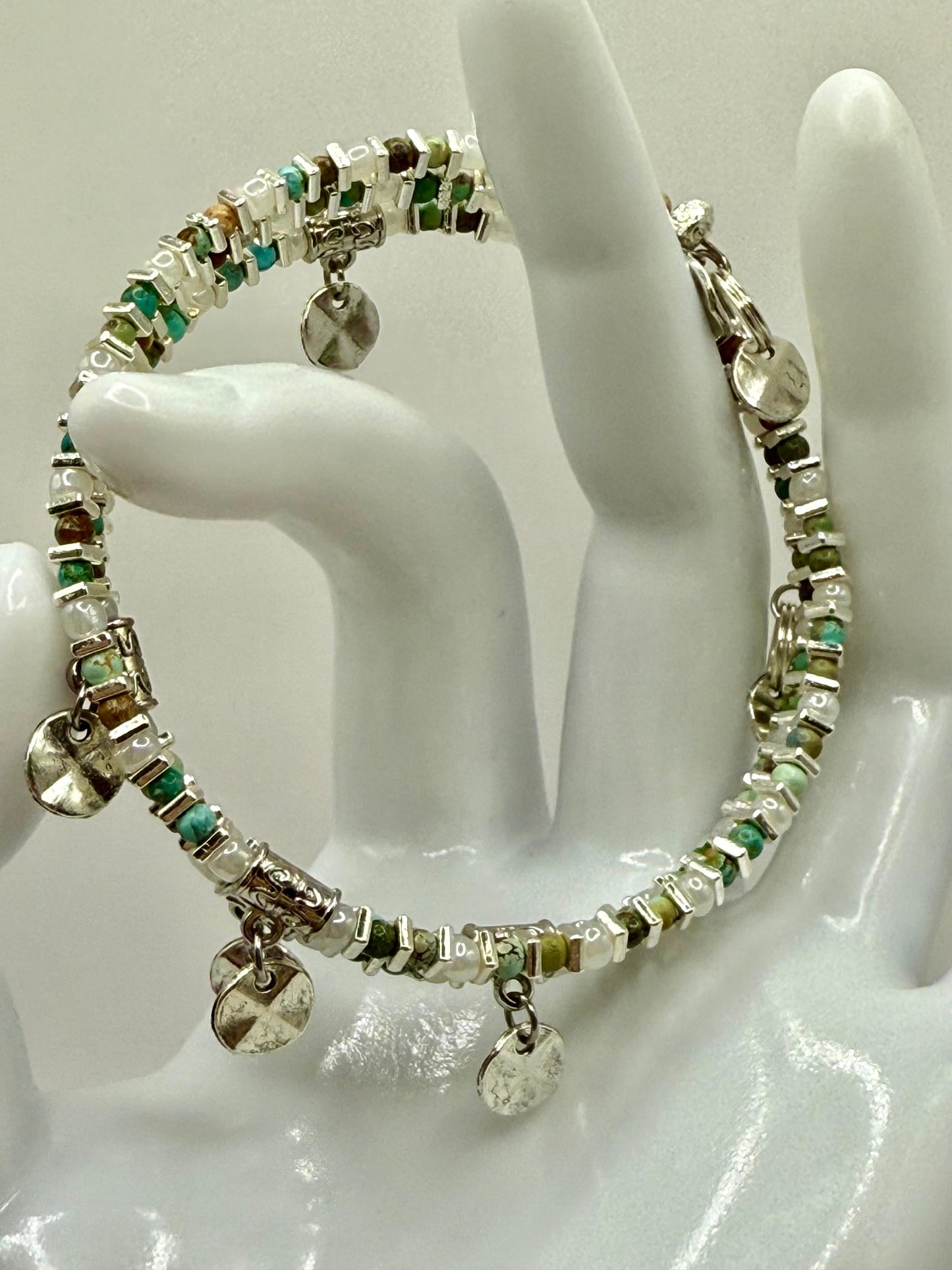Glass Bead Wrap Bracelet with Silver Charms – Boho Layered Look, Handmade Jewelry Gift