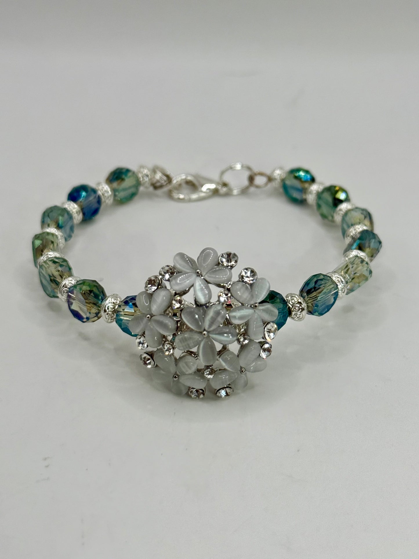 White Floral Crystal Bracelet – 7.5” Beaded Clasp Bracelet | Handmade Jewelry | Sparkling Gift for Her