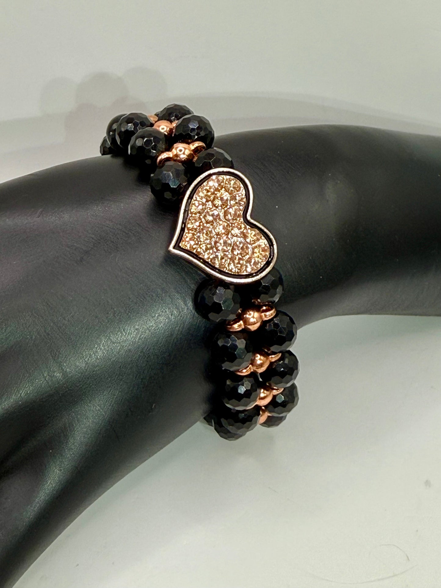 Black Agate and Rose Gold Bracelet – 8” Faceted Gemstone Bracelet with Pavé Crystal Heart Focal, Elegant Handmade Jewelry Gift for Her
