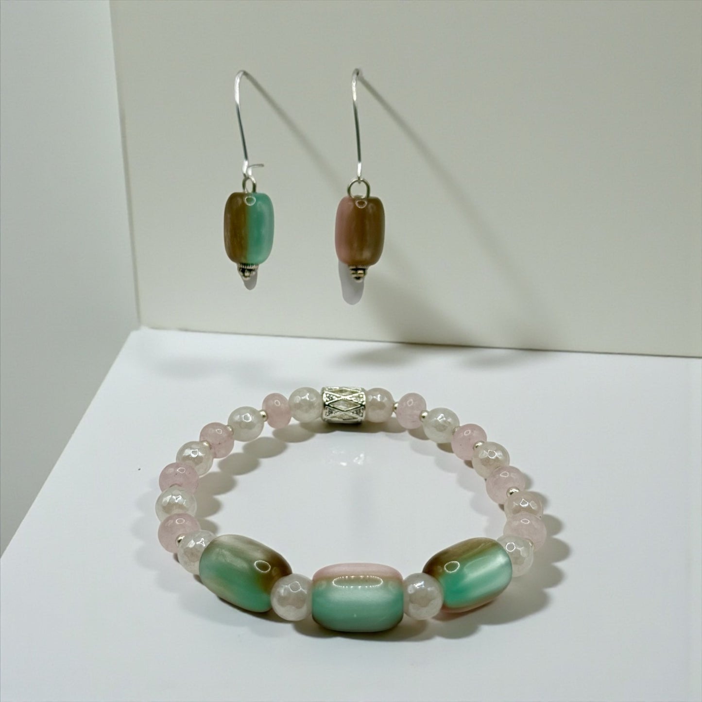 Rose Quartz & Cat-Eye Glass Bracelet and Earrings Set | 7.5” Elastic Bracelet | Pastel Pink, Green & Champagne Beads | Handmade Jewelry