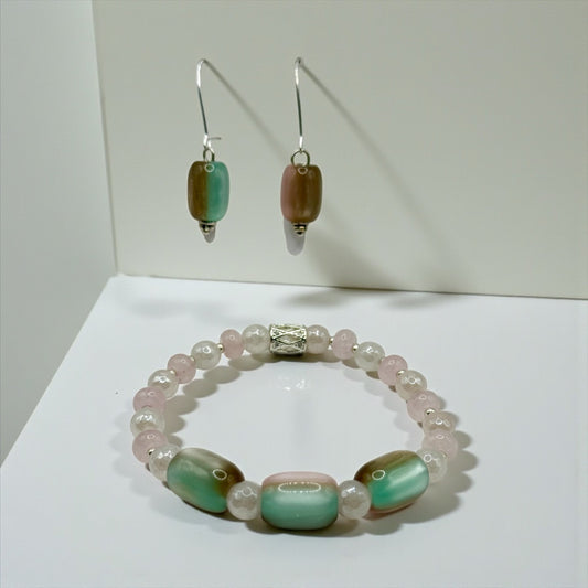 Rose Quartz & Cat-Eye Glass Bracelet and Earrings Set | 7.5” Elastic Bracelet | Pastel Pink, Green & Champagne Beads | Handmade Jewelry