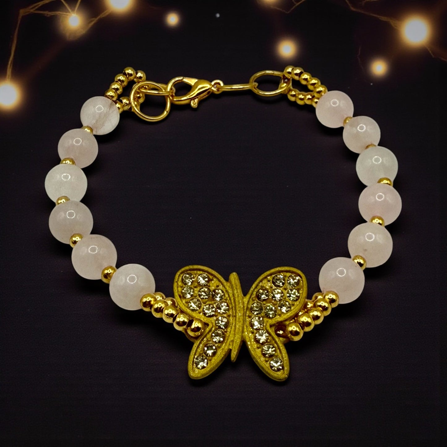 Rose Quartz Butterfly Bracelet 7.5” | Gold Crystal Butterfly Accent | Pink Gemstone Bracelet | Elegant Feminine Jewelry