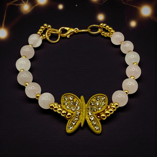 Rose Quartz Butterfly Bracelet 7.5” | Gold Crystal Butterfly Accent | Pink Gemstone Bracelet | Elegant Feminine Jewelry