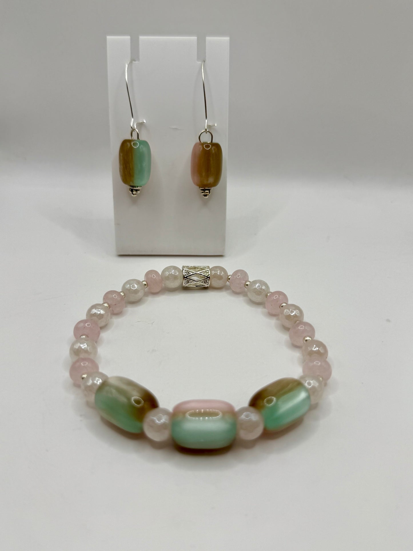 Rose Quartz & Cat-Eye Glass Bracelet and Earrings Set | 7.5” Elastic Bracelet | Pastel Pink, Green & Champagne Beads | Handmade Jewelry