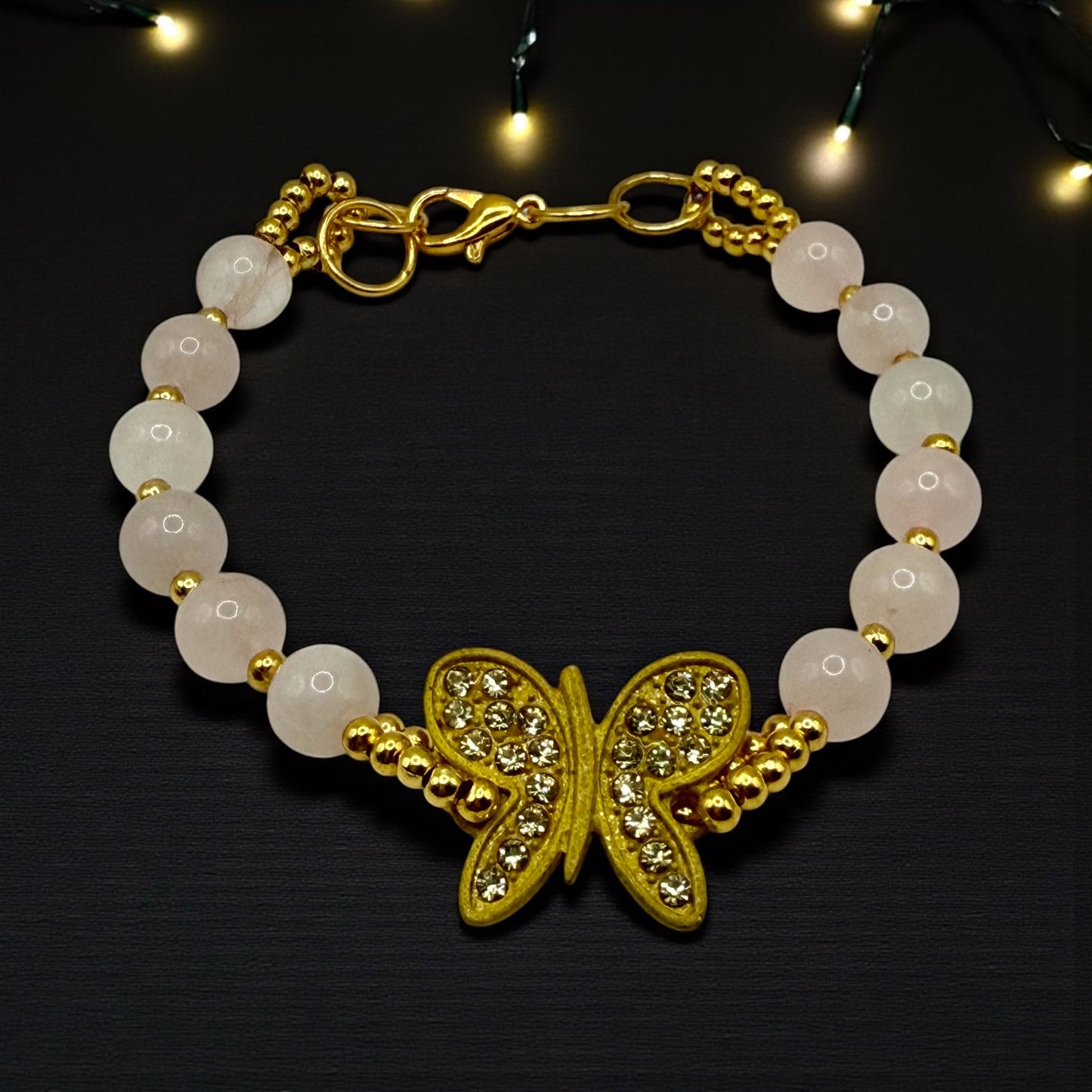 Rose Quartz Butterfly Bracelet 7.5” | Gold Crystal Butterfly Accent | Pink Gemstone Bracelet | Elegant Feminine Jewelry
