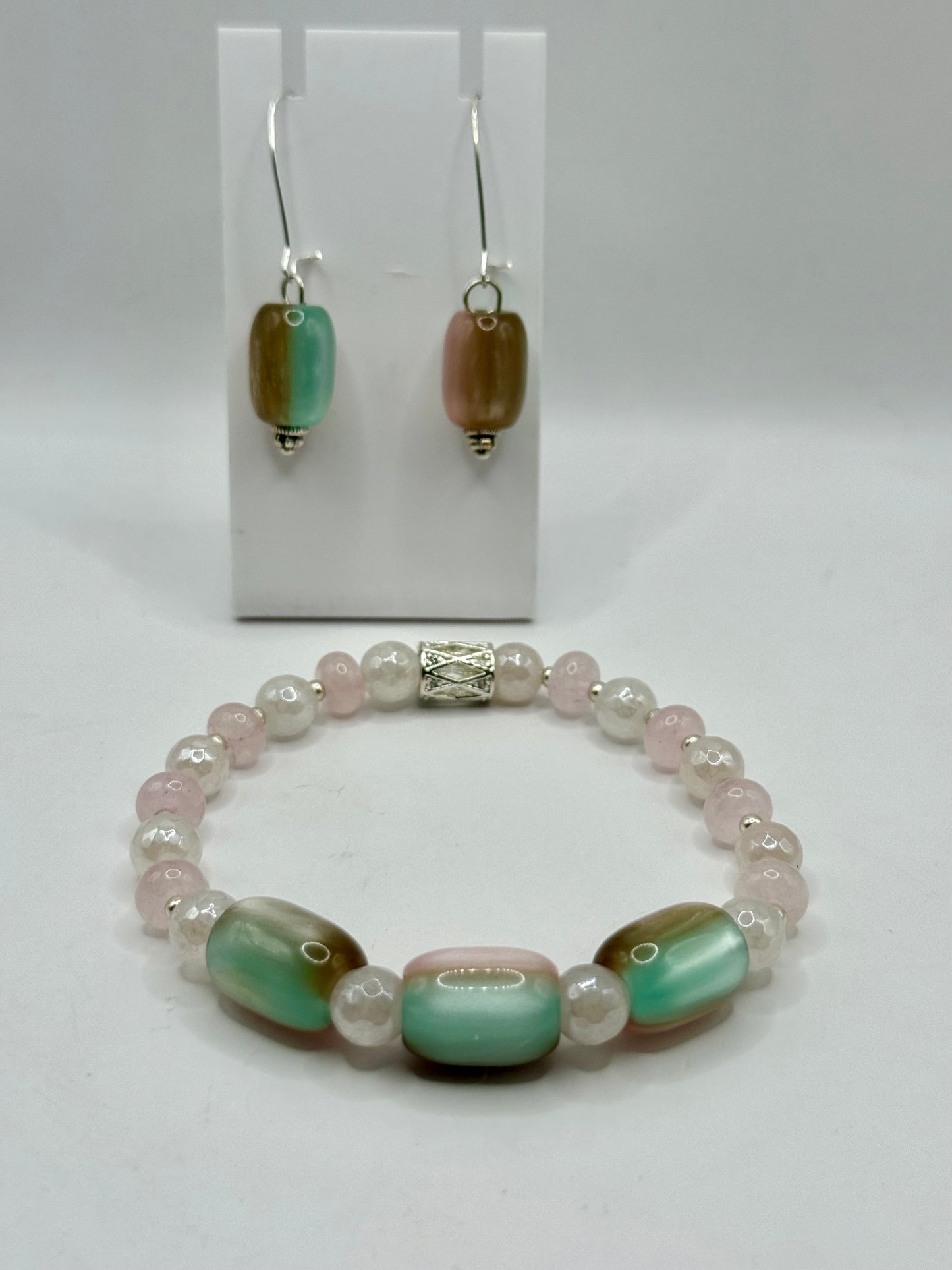 Rose Quartz & Cat-Eye Glass Bracelet and Earrings Set | 7.5” Elastic Bracelet | Pastel Pink, Green & Champagne Beads | Handmade Jewelry