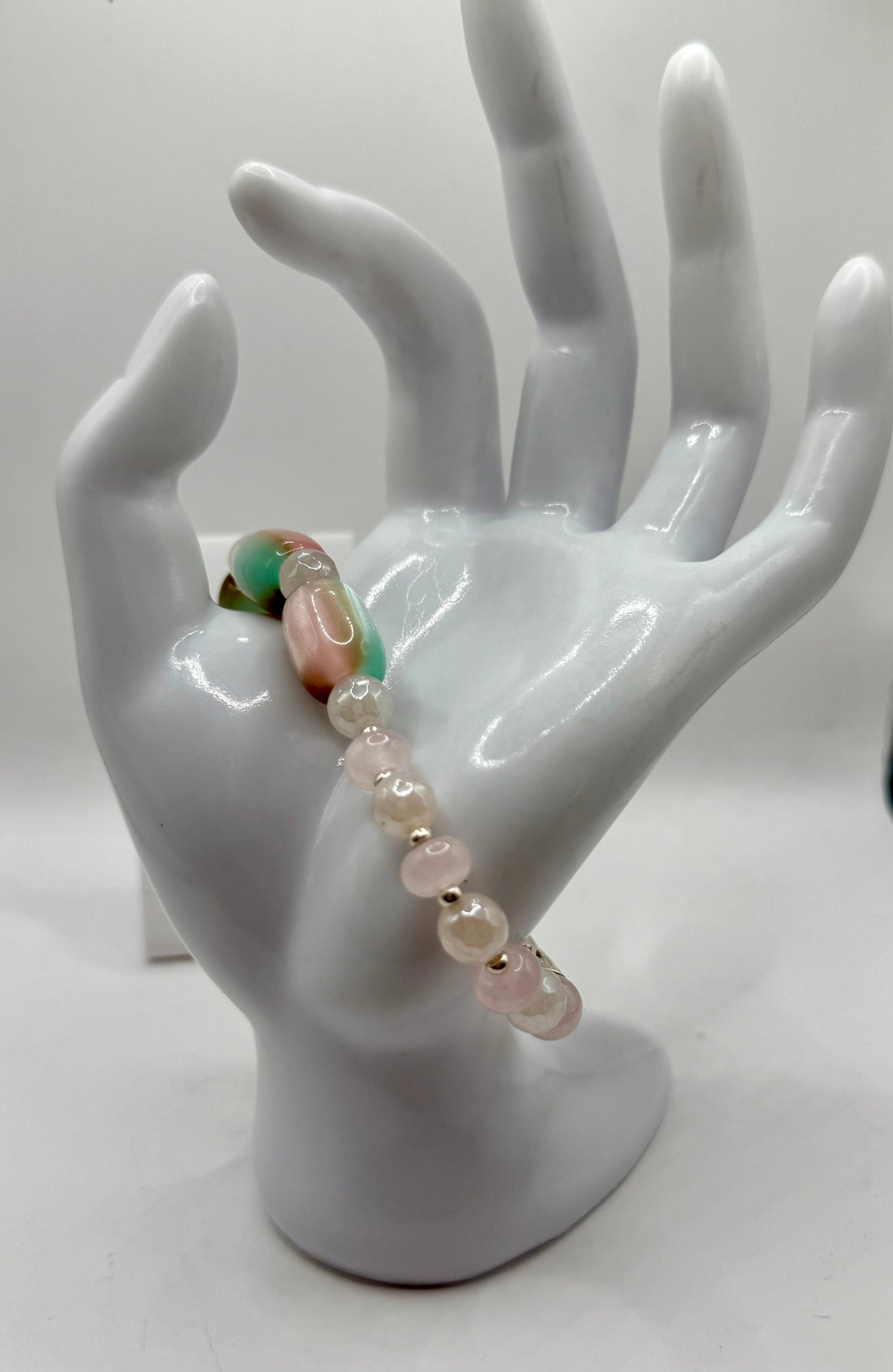 Rose Quartz & Cat-Eye Glass Bracelet and Earrings Set | 7.5” Elastic Bracelet | Pastel Pink, Green & Champagne Beads | Handmade Jewelry