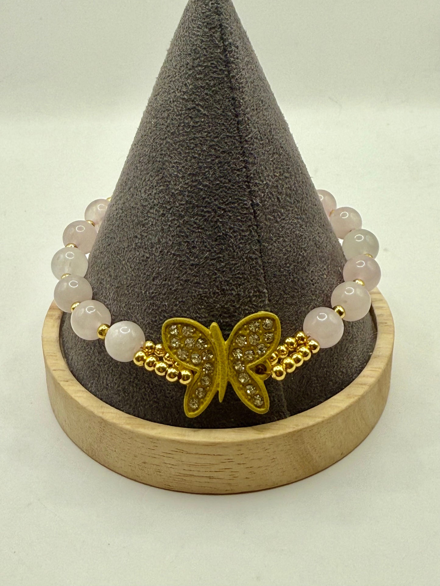 Rose Quartz Butterfly Bracelet 7.5” | Gold Crystal Butterfly Accent | Pink Gemstone Bracelet | Elegant Feminine Jewelry