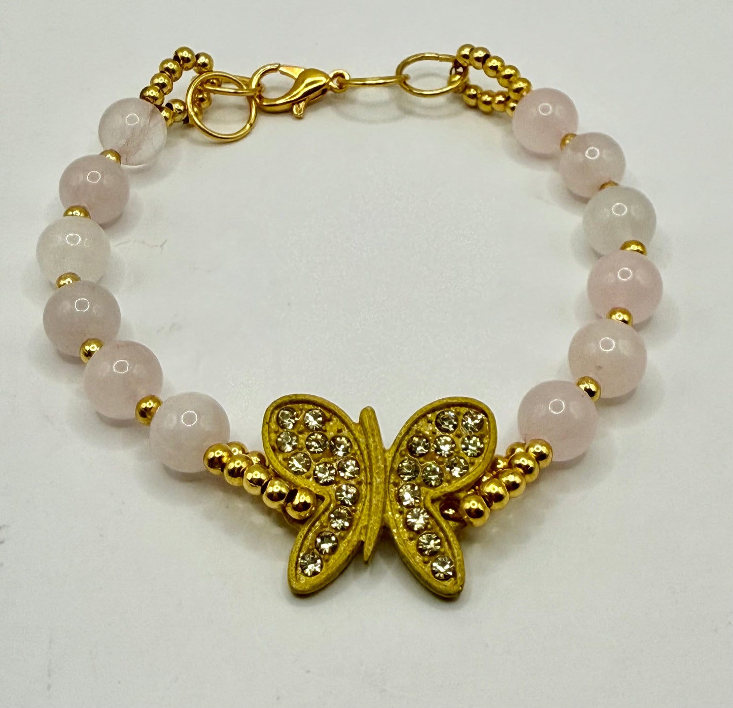 Rose Quartz Butterfly Bracelet 7.5” | Gold Crystal Butterfly Accent | Pink Gemstone Bracelet | Elegant Feminine Jewelry