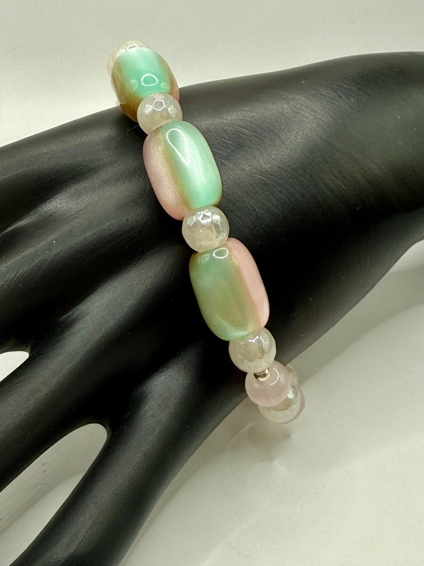 Rose Quartz & Cat-Eye Glass Bracelet and Earrings Set | 7.5” Elastic Bracelet | Pastel Pink, Green & Champagne Beads | Handmade Jewelry