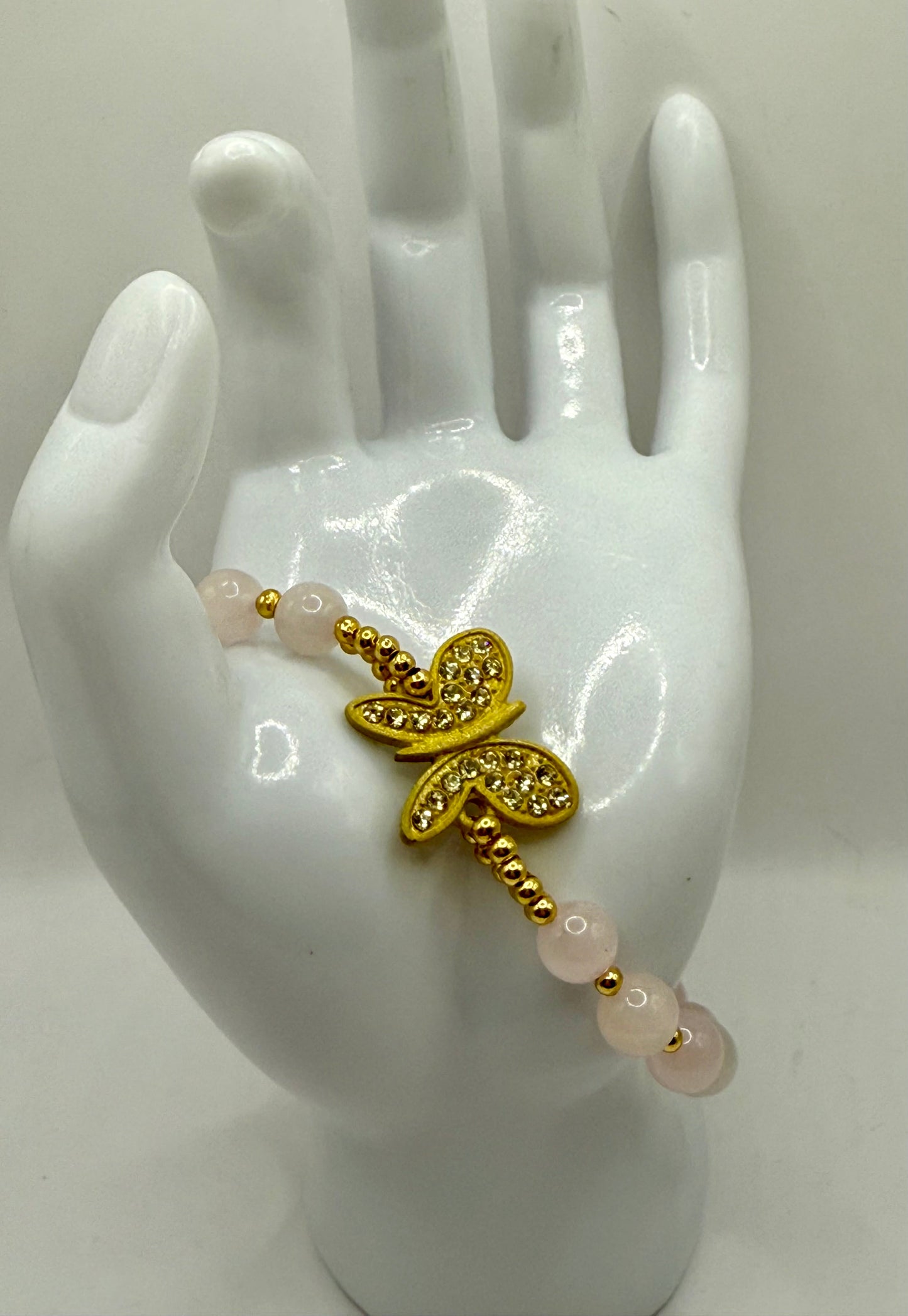Rose Quartz Butterfly Bracelet 7.5” | Gold Crystal Butterfly Accent | Pink Gemstone Bracelet | Elegant Feminine Jewelry