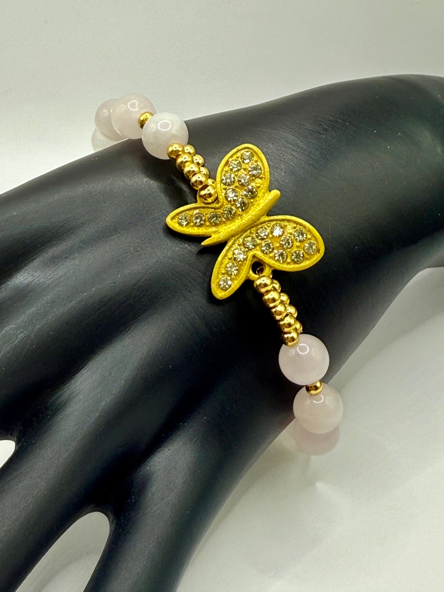 Rose Quartz Butterfly Bracelet 7.5” | Gold Crystal Butterfly Accent | Pink Gemstone Bracelet | Elegant Feminine Jewelry