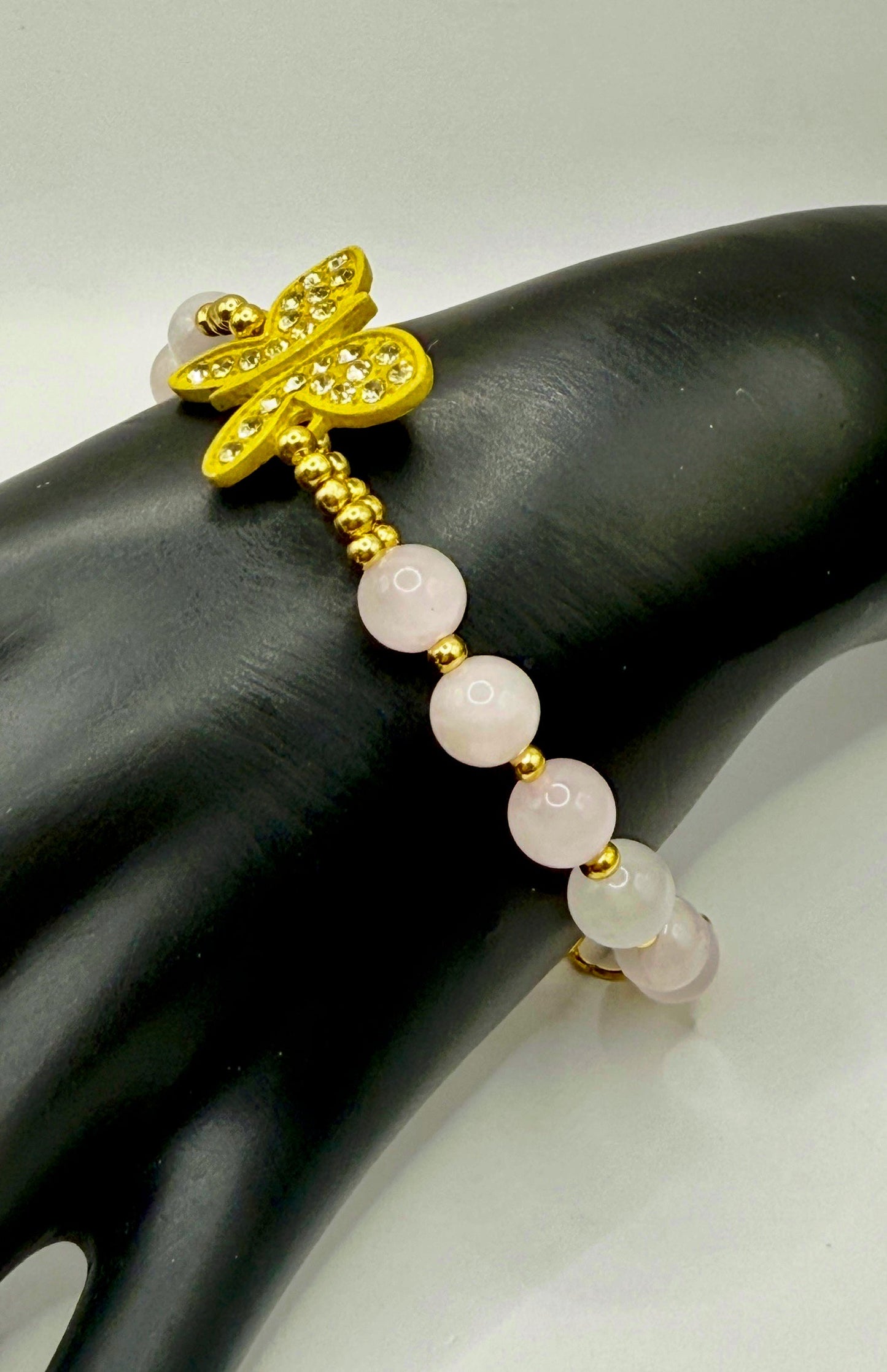 Rose Quartz Butterfly Bracelet 7.5” | Gold Crystal Butterfly Accent | Pink Gemstone Bracelet | Elegant Feminine Jewelry