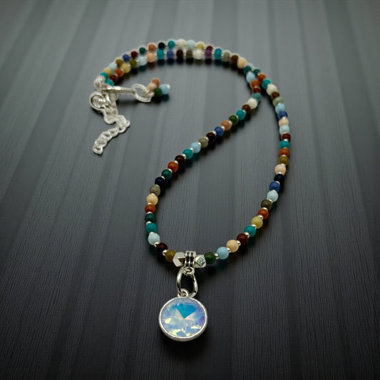 Colorful Multi Stone Necklace with Crystal Pendant – 20” Handmade Beaded Jewelry