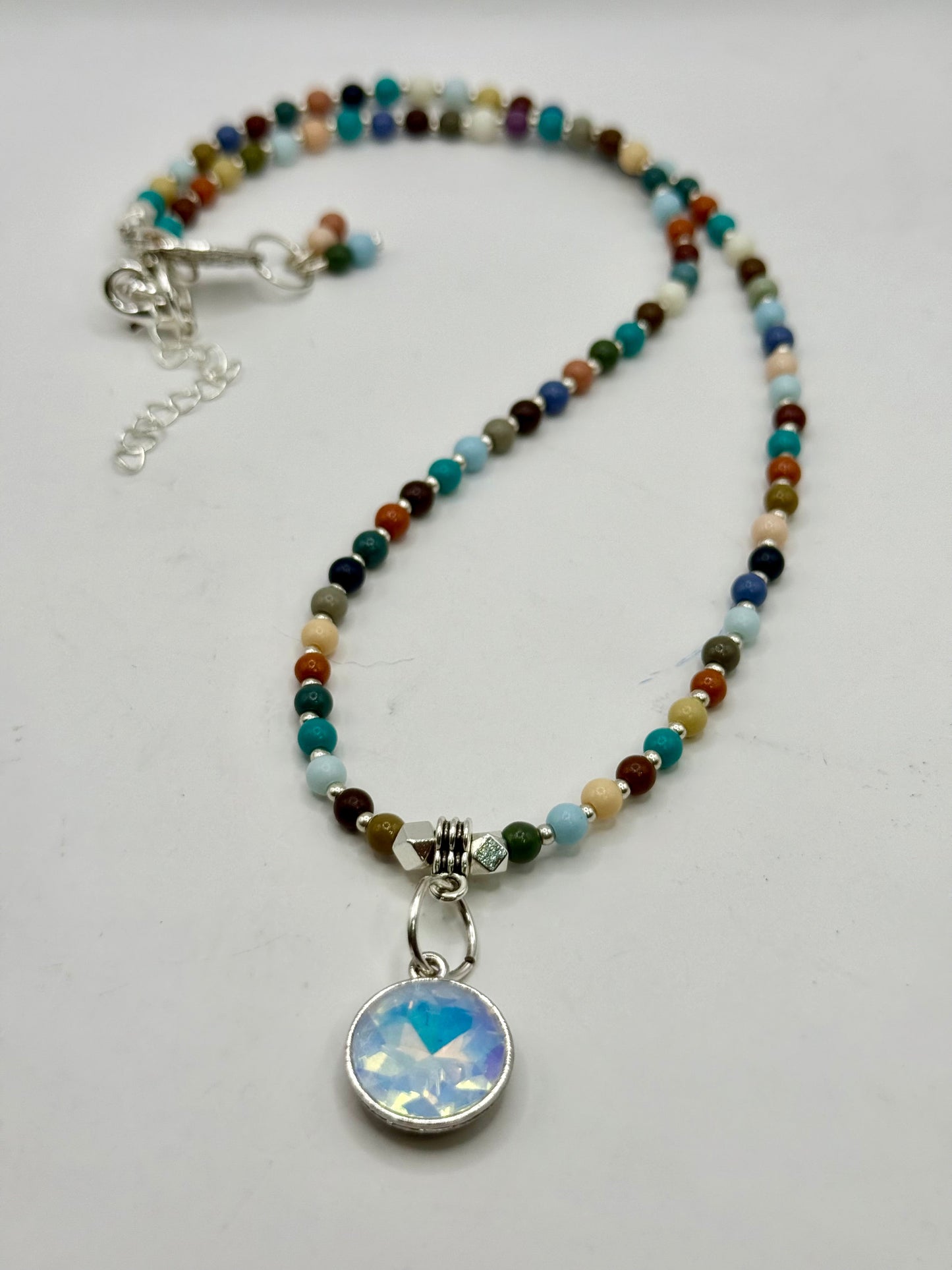 Colorful Multi Stone Necklace with Crystal Pendant – 20” Handmade Beaded Jewelry