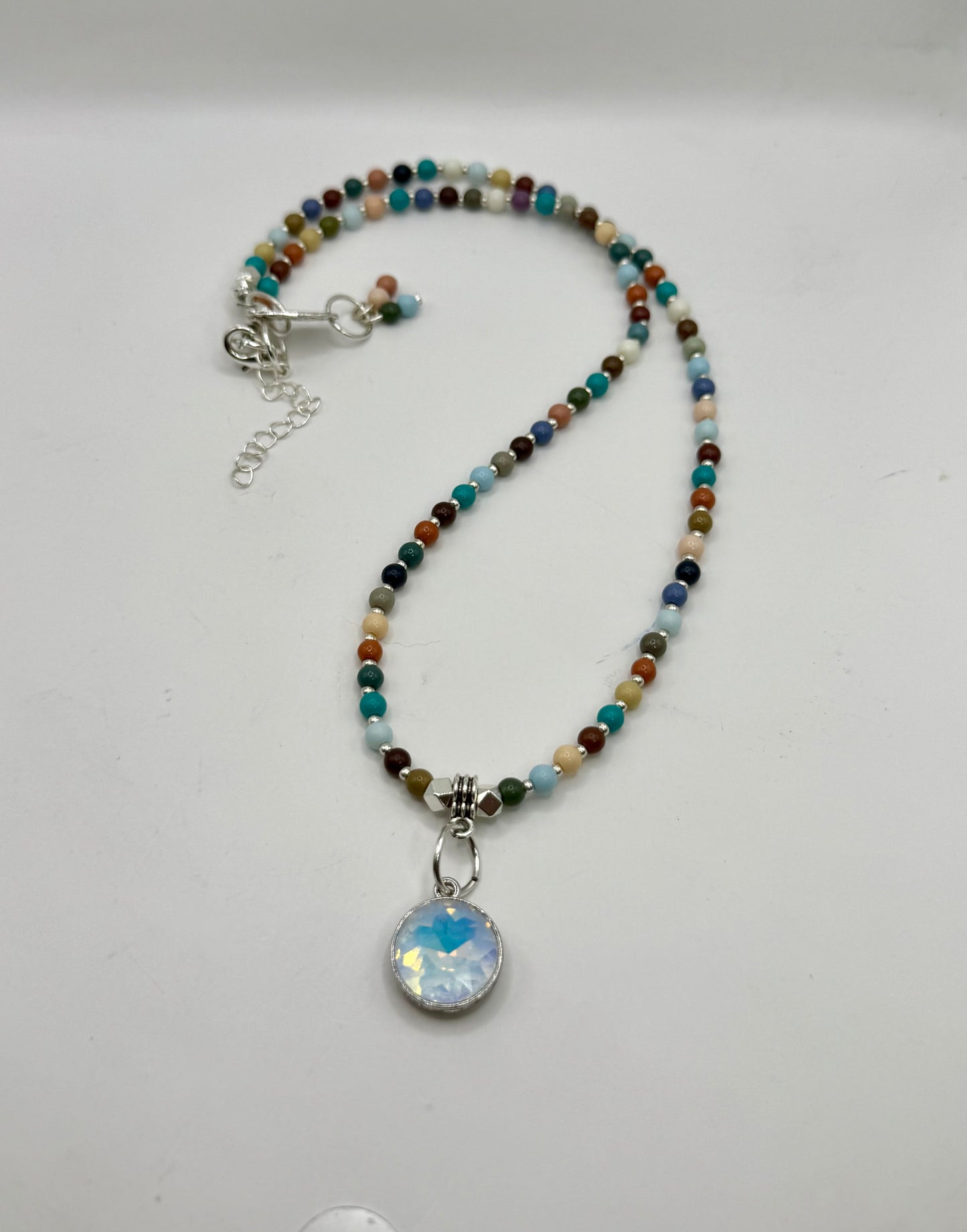 Colorful Multi Stone Necklace with Crystal Pendant – 20” Handmade Beaded Jewelry