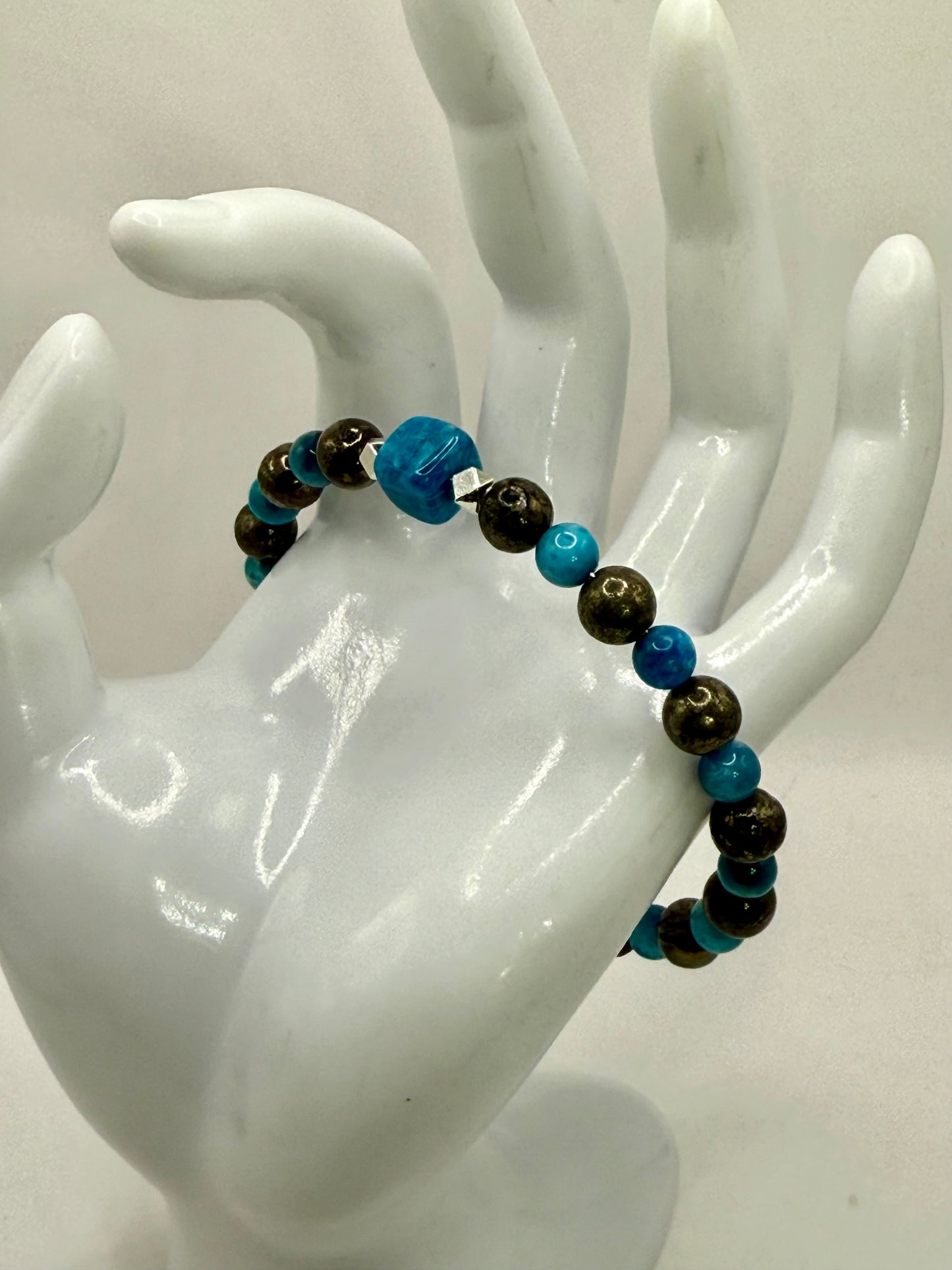 Apatite and Pyrite Gemstone Bracelet 7.5” | Silver-Tone Clasp | Handmade Gift | Boho Energy Jewelry by LuckyCharm Boutique