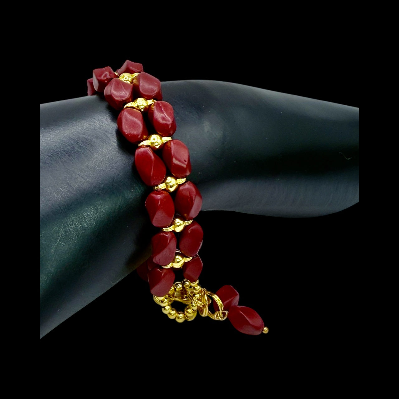 7.75” Cinnabar Bracelet with Gold Accents | Double-Strand Handmade Bracelet | Elegant Artisan
