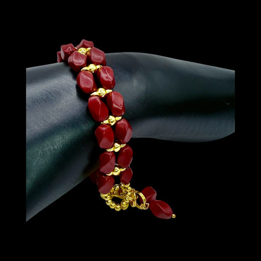 7.75” Cinnabar Bracelet with Gold Accents | Double-Strand Handmade Bracelet | Elegant Artisan