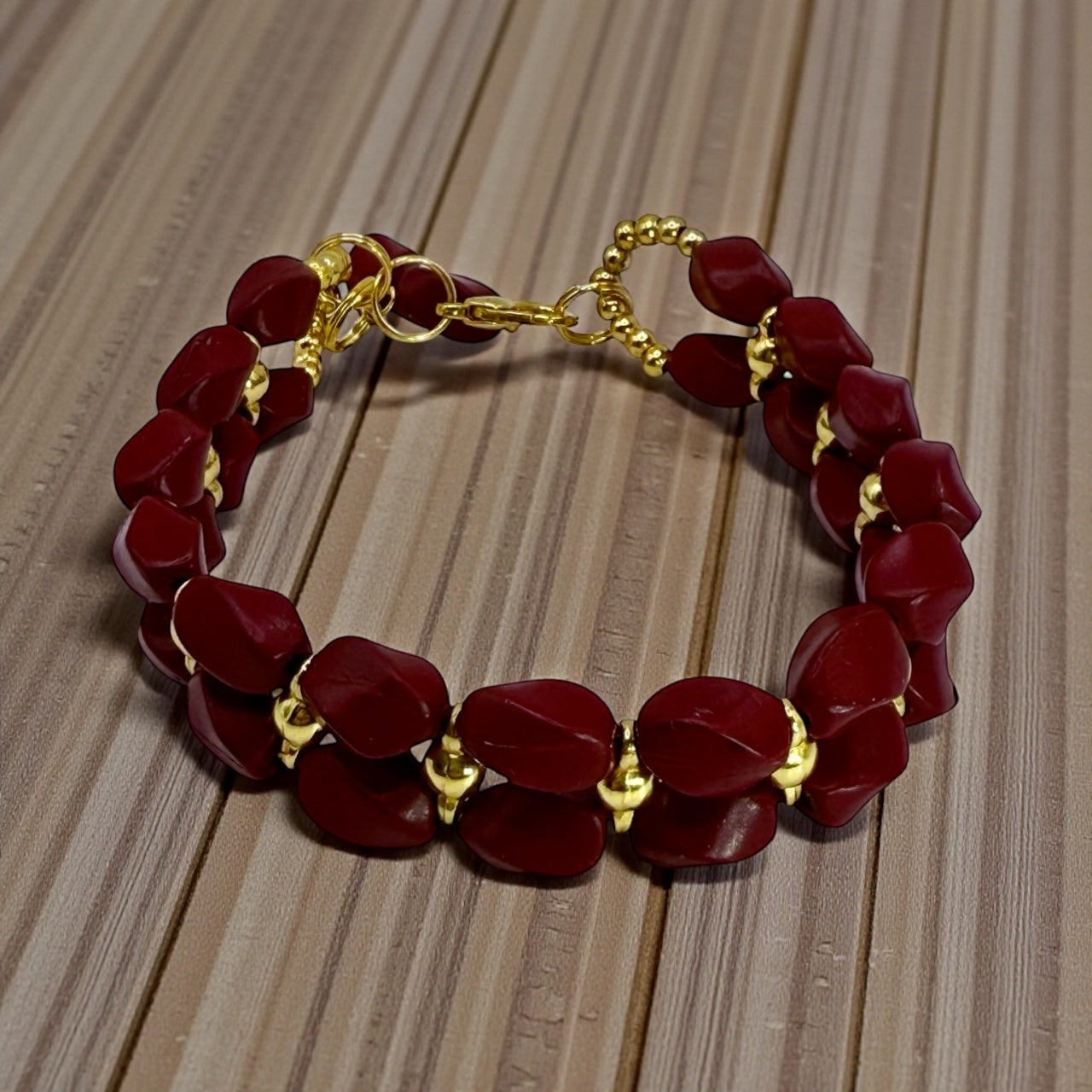 7.75” Cinnabar Bracelet with Gold Accents | Double-Strand Handmade Bracelet | Elegant Artisan