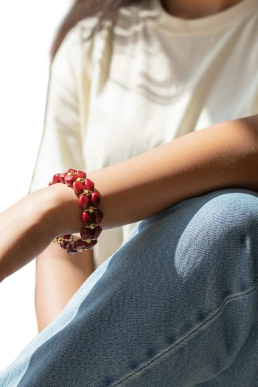 7.75” Cinnabar Bracelet with Gold Accents | Double-Strand Handmade Bracelet | Elegant Artisan