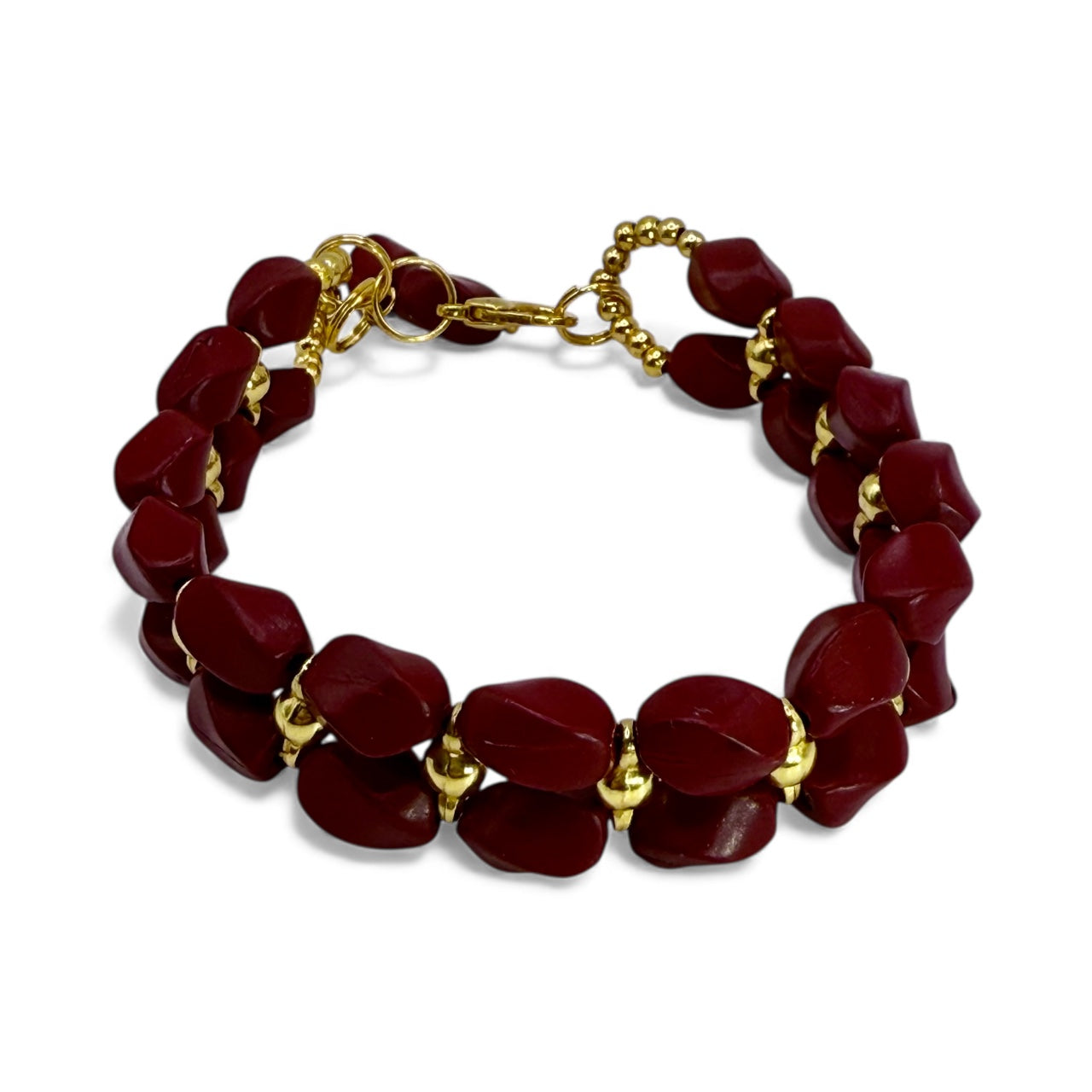 7.75” Cinnabar Bracelet with Gold Accents | Double-Strand Handmade Bracelet | Elegant Artisan