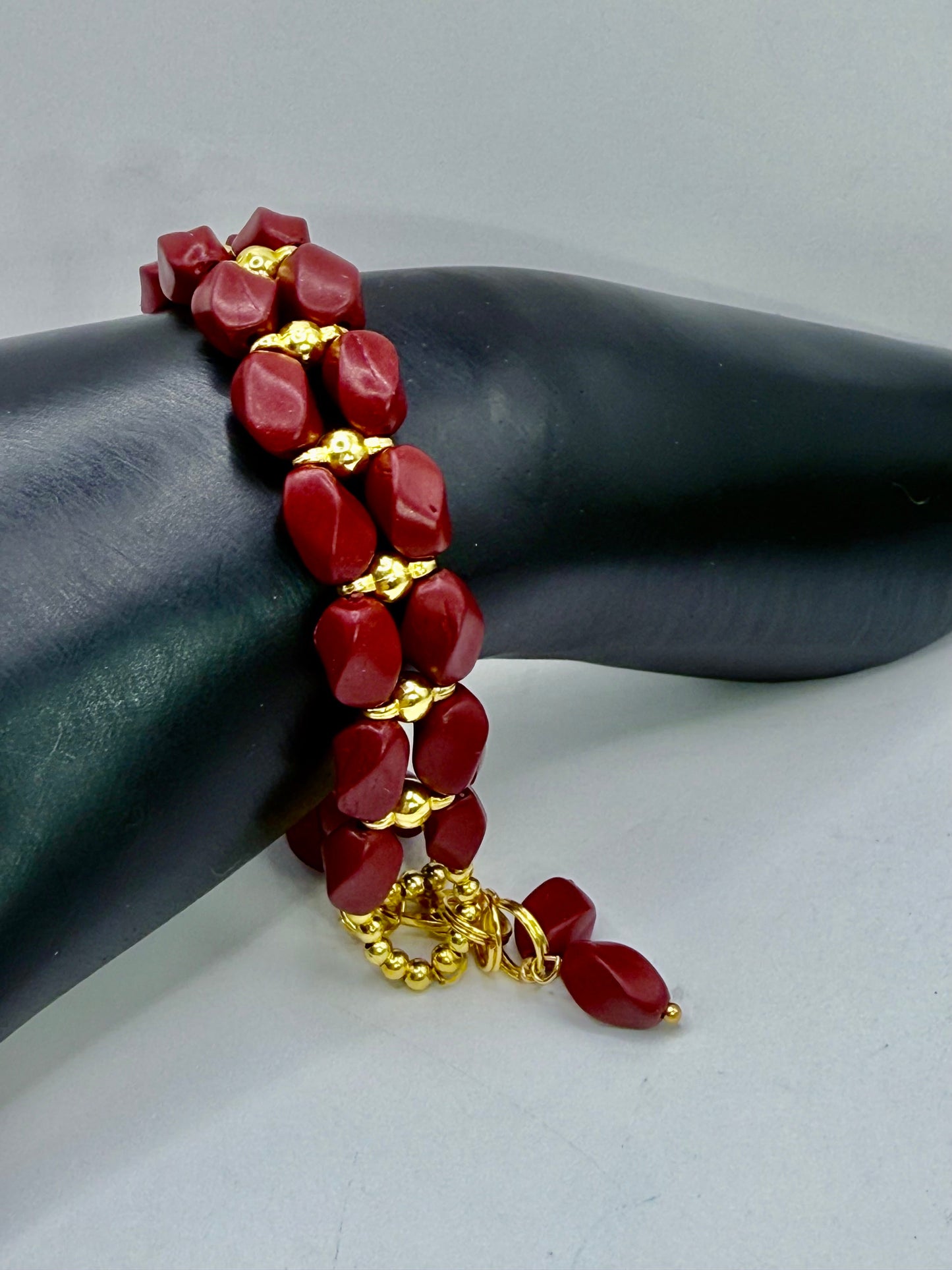 7.75” Cinnabar Bracelet with Gold Accents | Double-Strand Handmade Bracelet | Elegant Artisan