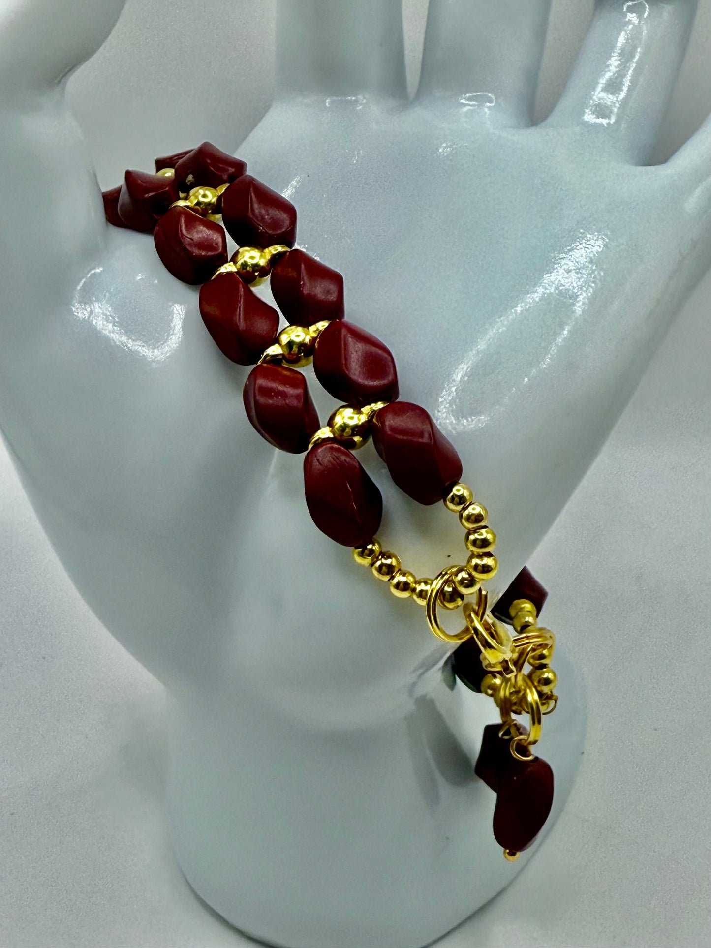 7.75” Cinnabar Bracelet with Gold Accents | Double-Strand Handmade Bracelet | Elegant Artisan