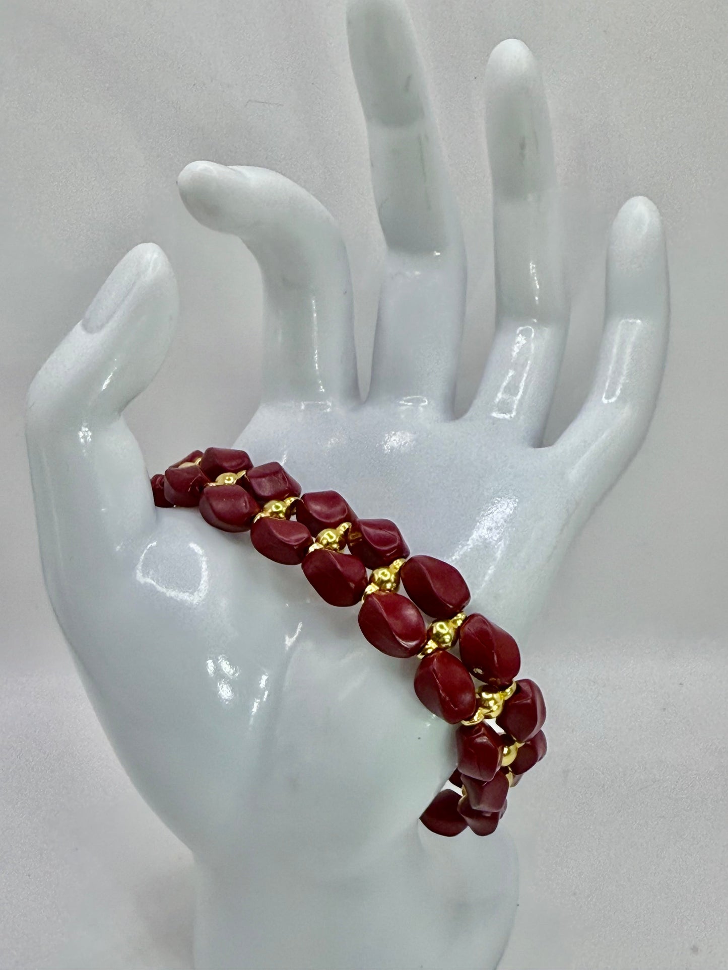 7.75” Cinnabar Bracelet with Gold Accents | Double-Strand Handmade Bracelet | Elegant Artisan