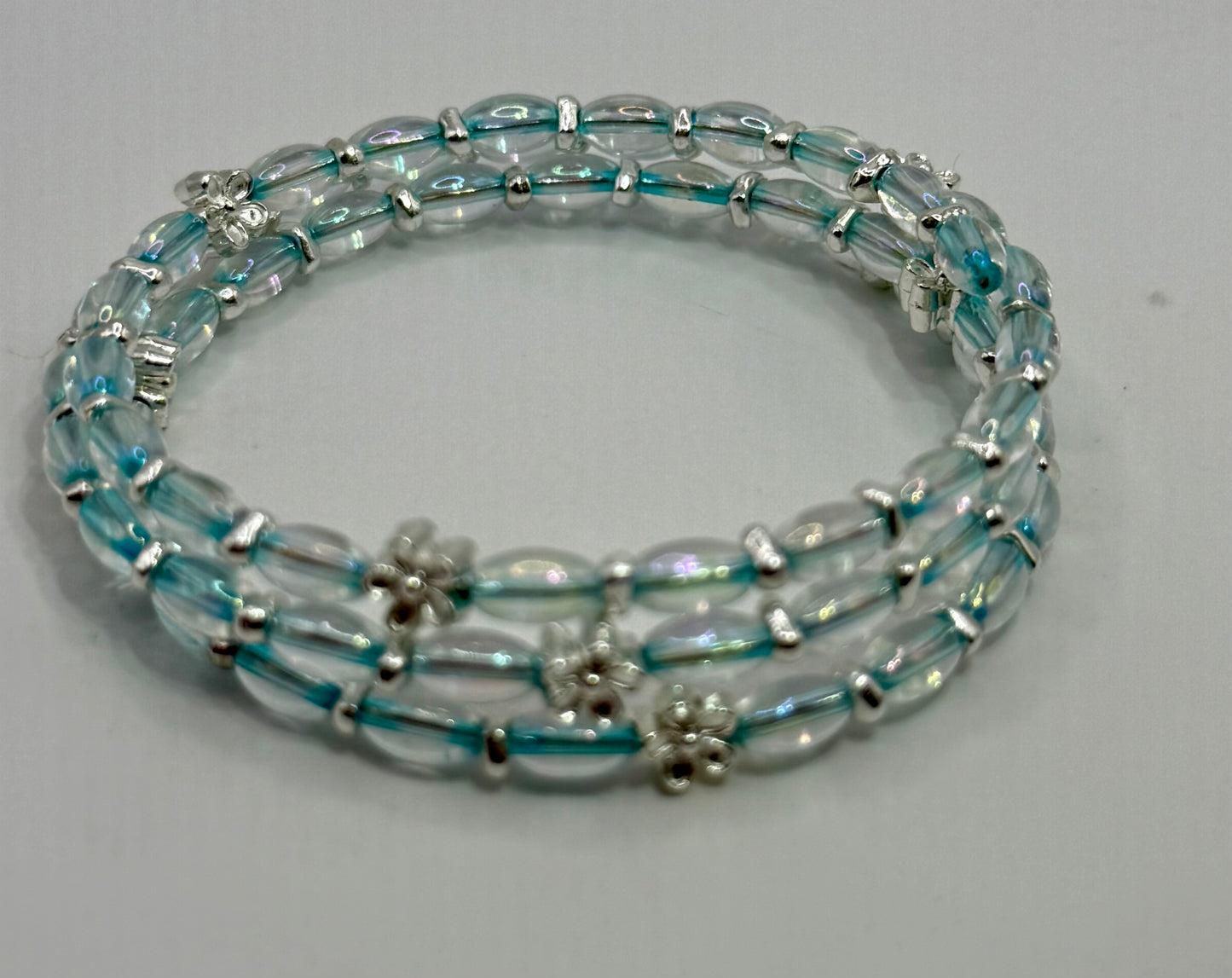 Iridescent Glass Wrap Bracelet – Triple Layer Beaded Bracelet with Silver Accents, Adjustable Size, Handmade Jewelry Gift for Her