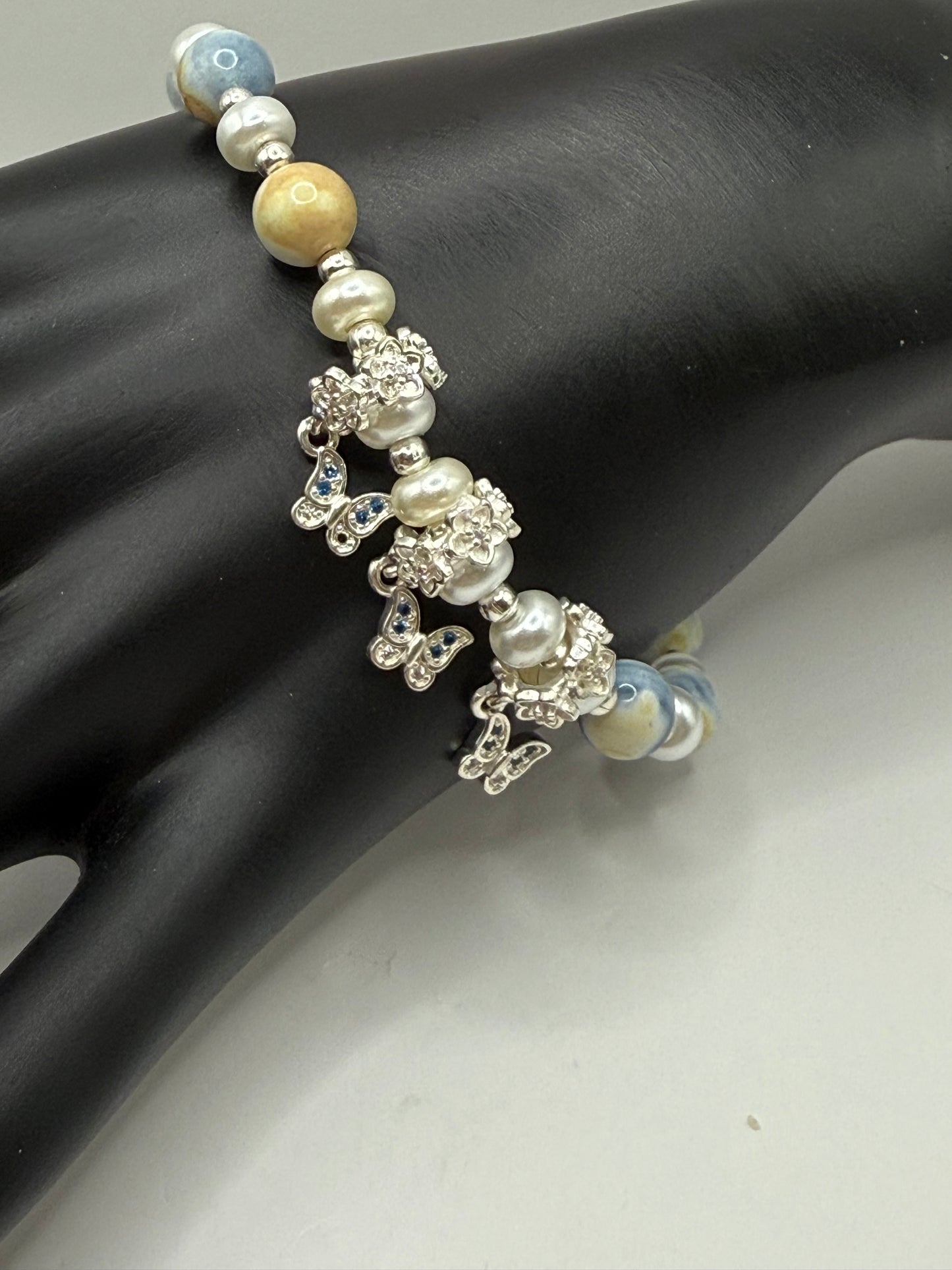 Handmade Orca Agate Stretch Bracelet with Butterfly Charms | 8” Adjustable