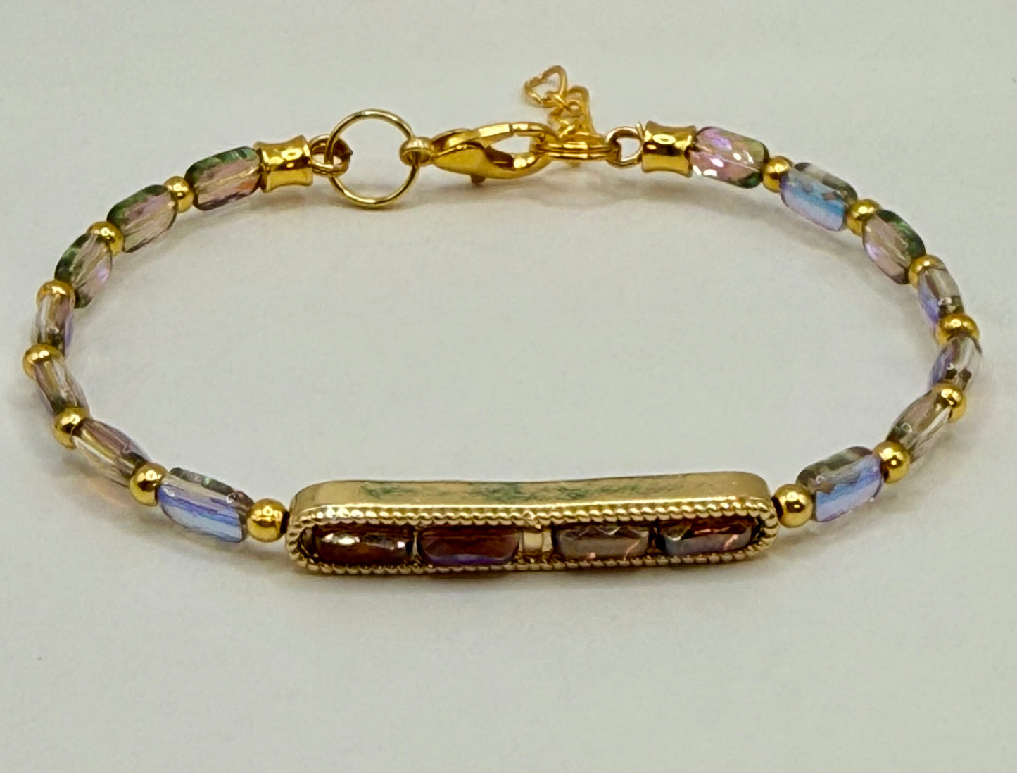 AB Iridescent Glass Bar Bracelet | Gold Frame Adjustable Bracelet | Handmade Sparkle Bracelet | 7–7.75 Inch