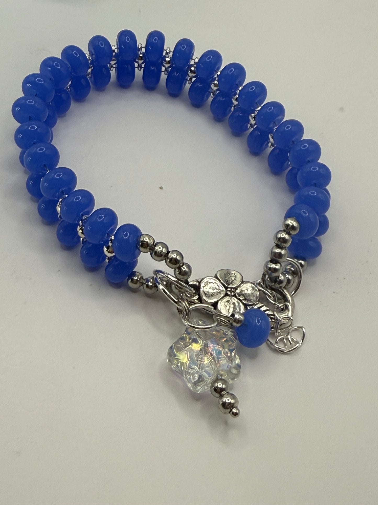 Double Strand Cornflower Blue Beaded Bracelet 7.75" with Iridescent Star Charm & Free Earrings – Handmade Jewelry Gift - Free Resizing Available