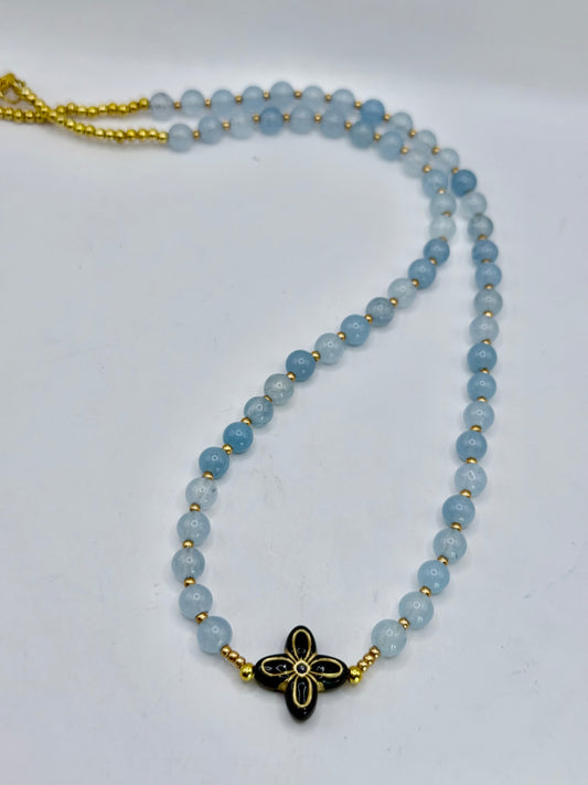 18” Soft Blue Beaded Necklace with Black & Gold Floral Statement Center