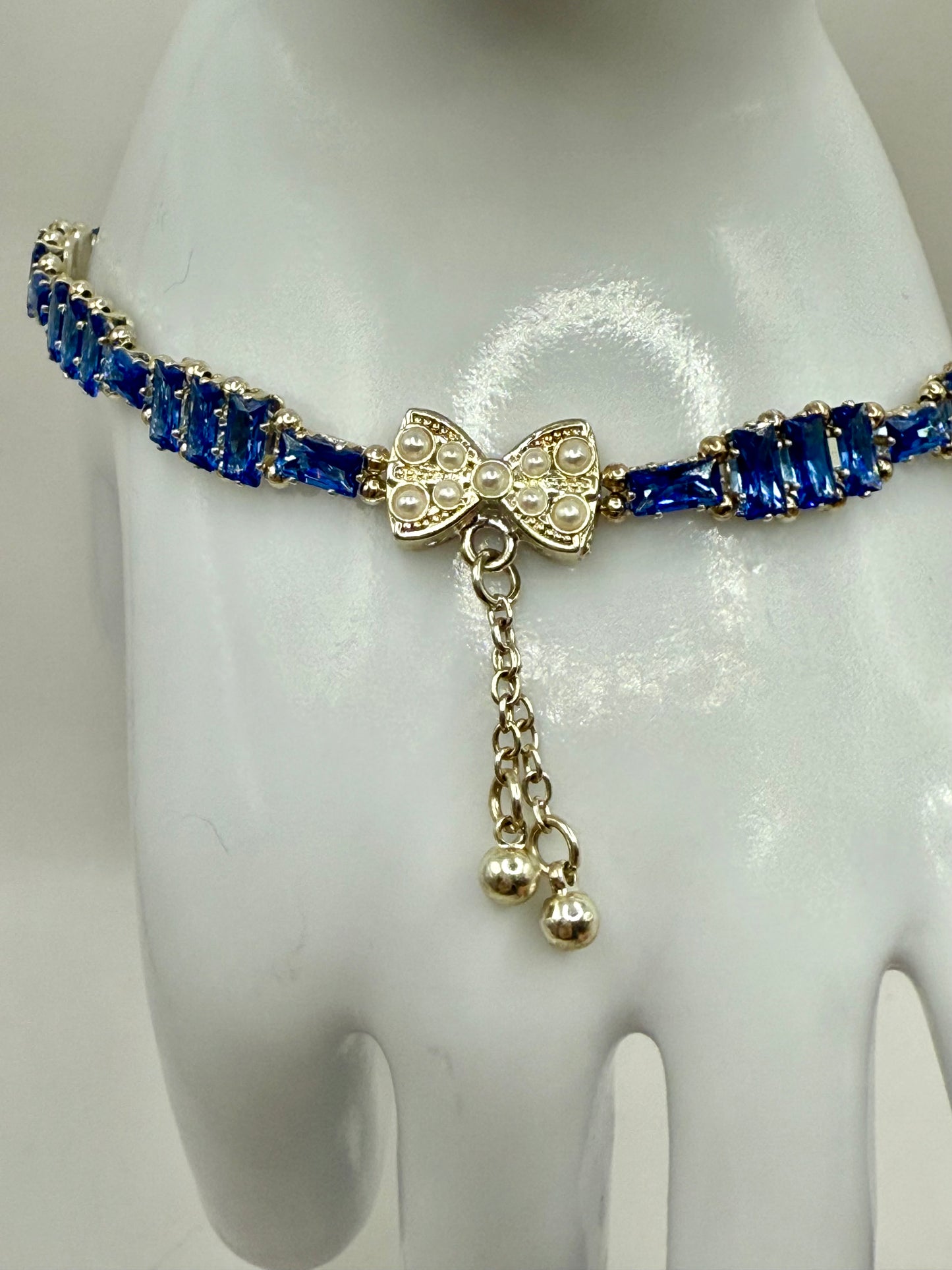 Blue Rhinestone Bow Bracelet – 7.5” – Elegant Crystal Bracelet with Pearl Accent Bow Clasp – Sparkling Gift for Her