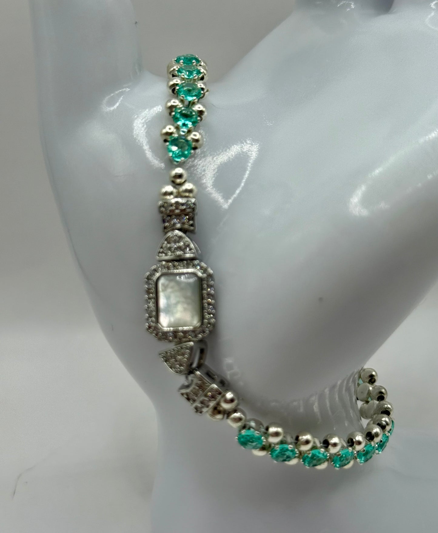 Elegant Rhinestone Bracelet with Mother of Pearl Clasp – 7.75” – Sparkling Silver Tone Jewelry – Statement Bracelet – Gift for Her