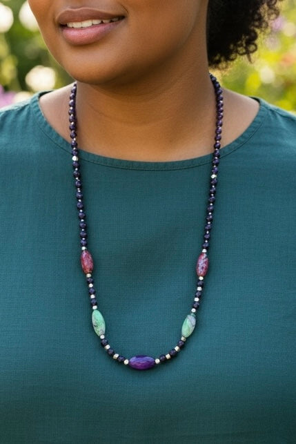 24” Multicolor Gemstone-Style Bead Necklace • Purple, Pink & Green Statement Necklace • Handmade Jewelry • Long Beaded Necklace Gift