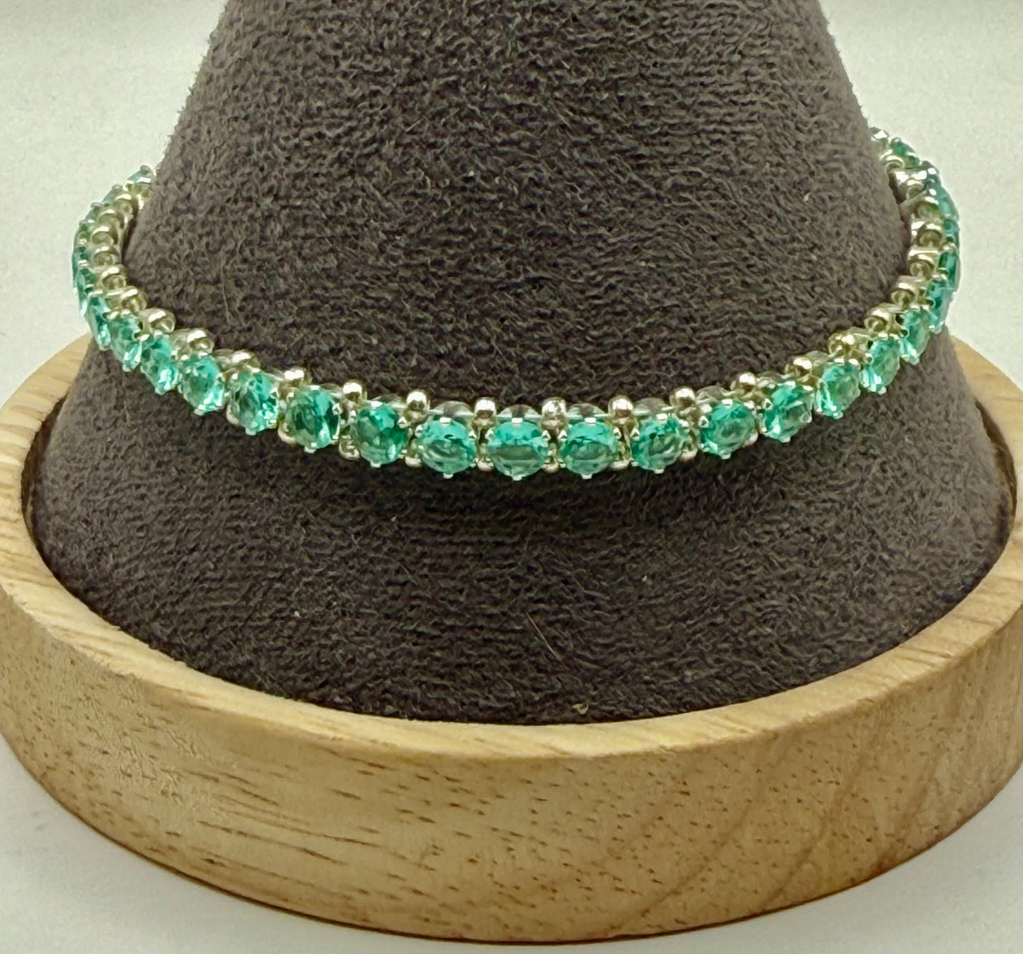 Elegant 7.25” Silver Tennis Bracelet with Green Crystal Accents – Dainty Handmade Jewelry