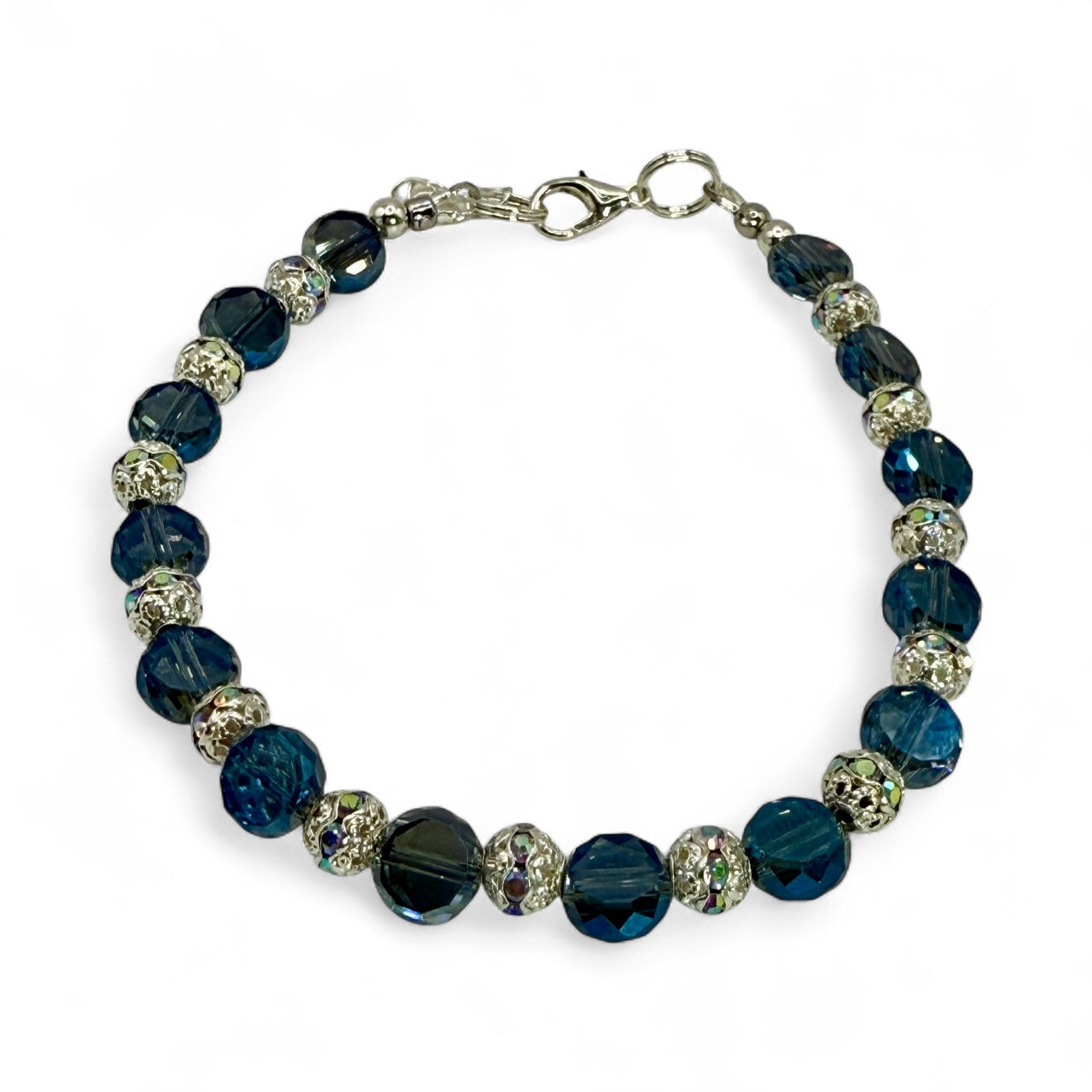 Elegant Deep Blue Faceted Glass Bracelet with Silver Accents | 7.5” Clasp Bracelet | Ocean Blue Crystal Jewelry | Gift for Her