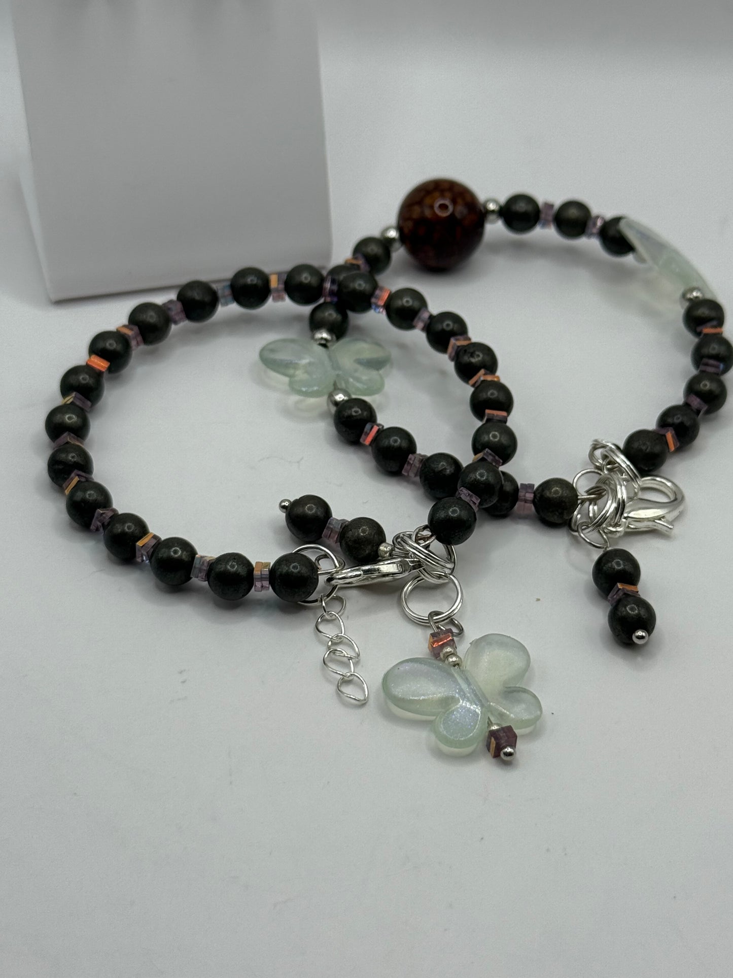 7.5” Dragon Vein Agate and Pyrite Bracelet Set with Iridescent Butterfly Charms | Handmade Gemstone Jewelry + Free Matching Earrings