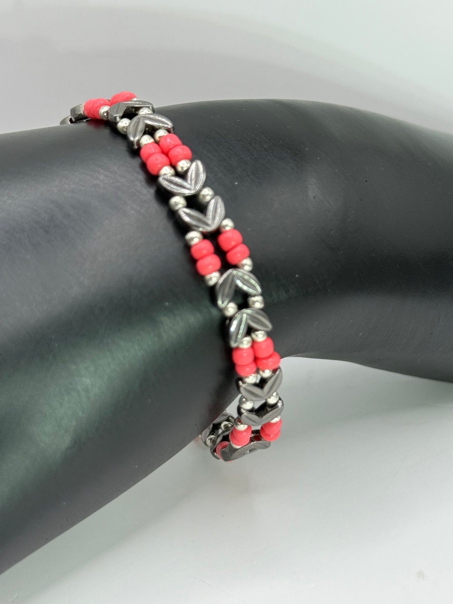 Chic Chevron Beaded Bracelet – Salmon Glass Beads & Silver Accents, 7.5” Clasp, Handmade Jewelry Gift, Free Resizing Available